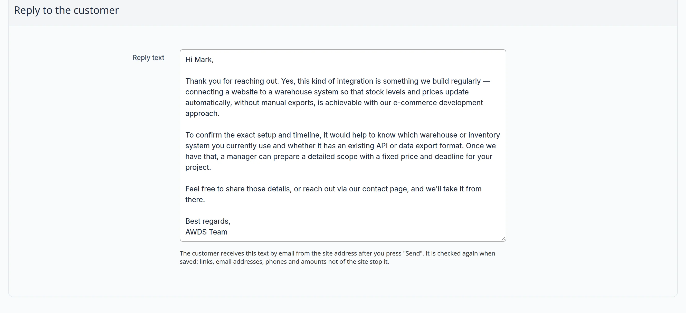 Reply draft to Mark: yes, stock and prices can update on their own; which warehouse system you use; a manager will prepare a scope with a fixed price and deadline