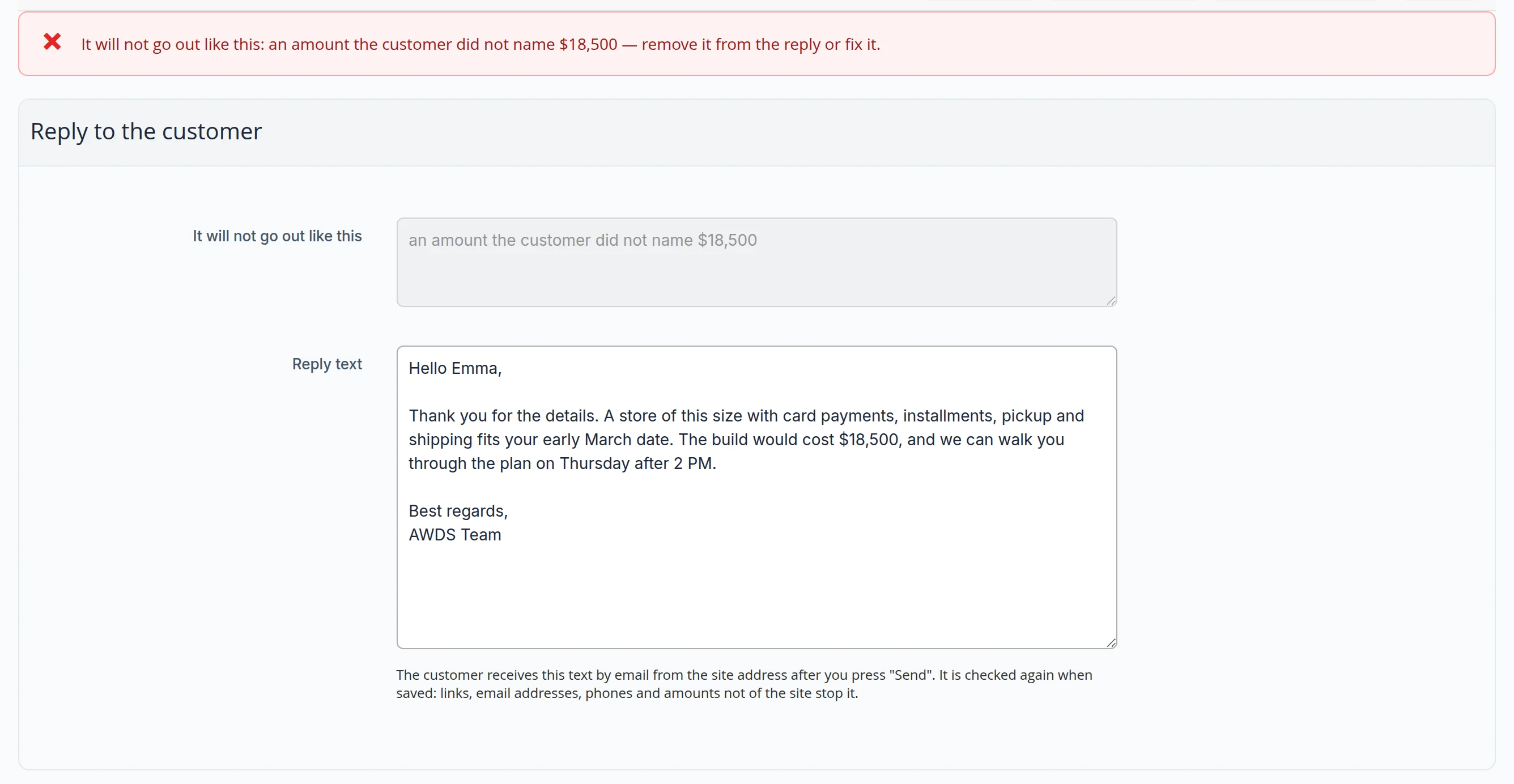 After saving a draft with $18,500: It will not go out like this: an amount the customer did not name $18,500 — remove it from the reply or fix it