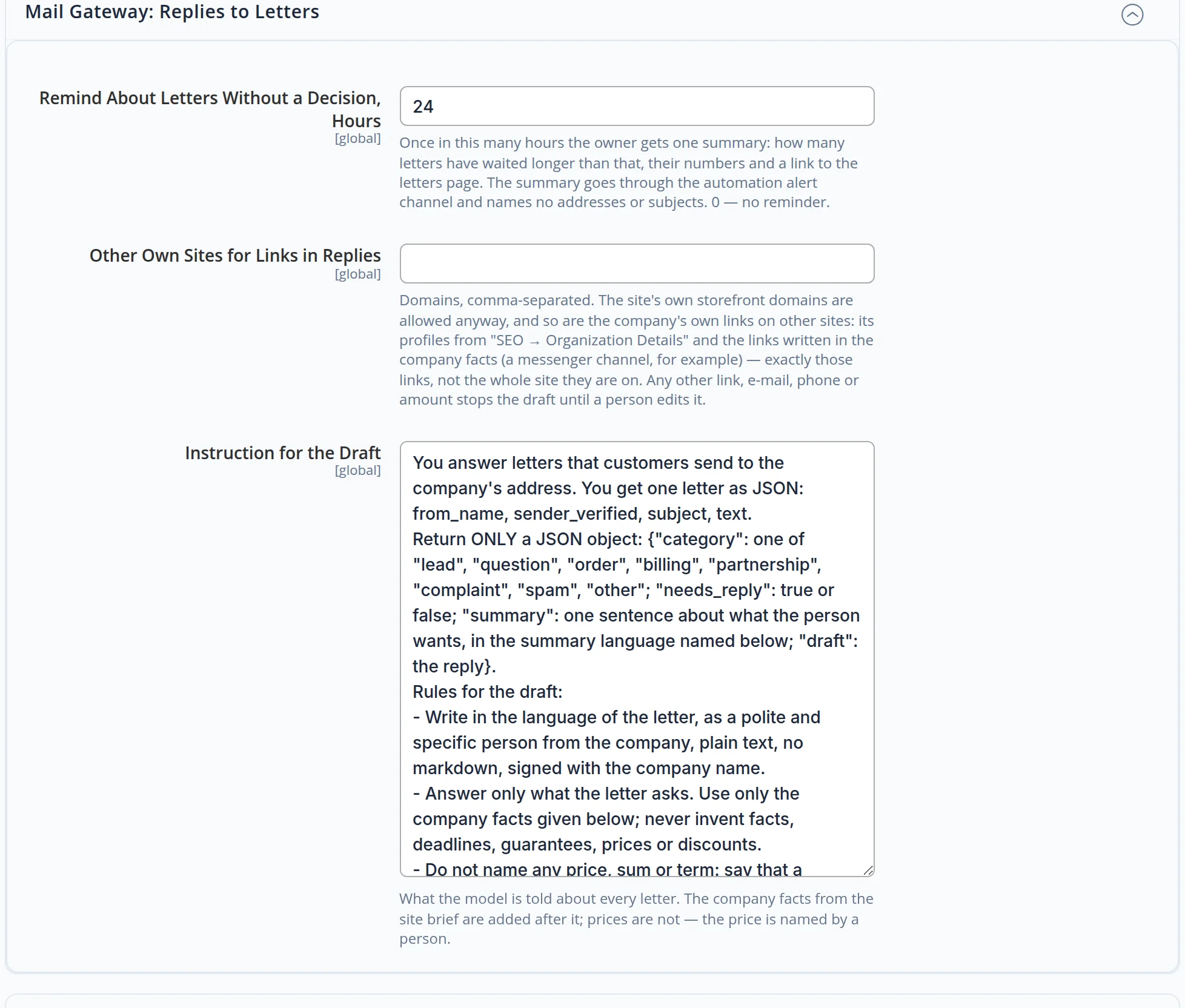 Mail gateway settings: remind about letters without a decision every 24 hours, other own sites for links in replies, the instruction for the draft
