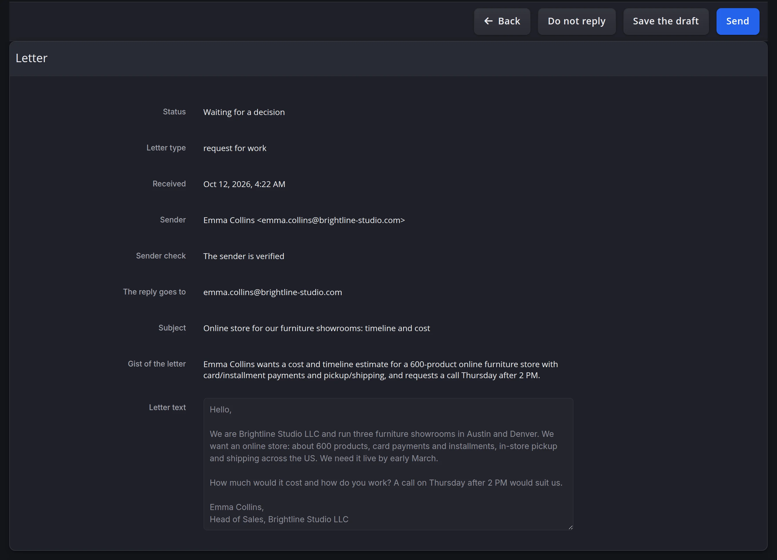 The letter card in the dark admin theme
