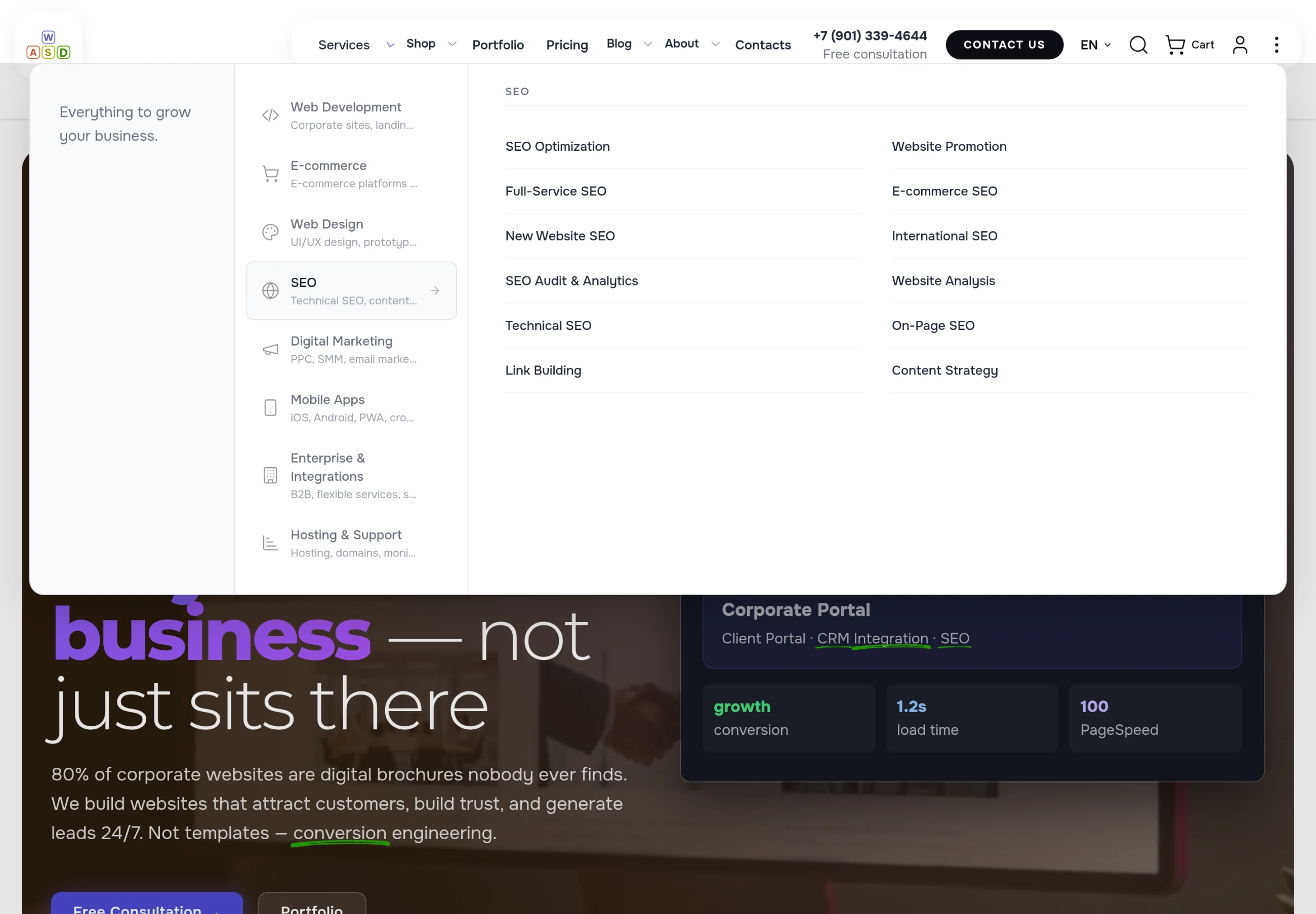 The Services panel: eight sections with icons on the left, SEO selected, its twelve services on the right