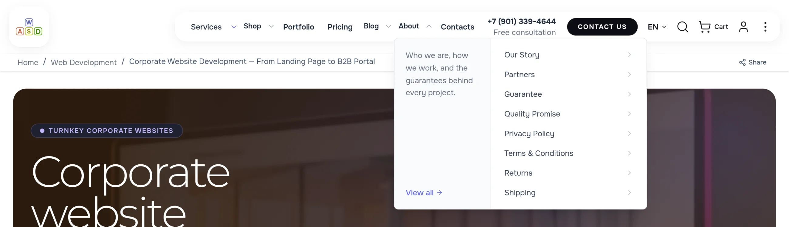 The compact About panel: a short intro and eight pages — our story, partners, guarantee, privacy, shipping