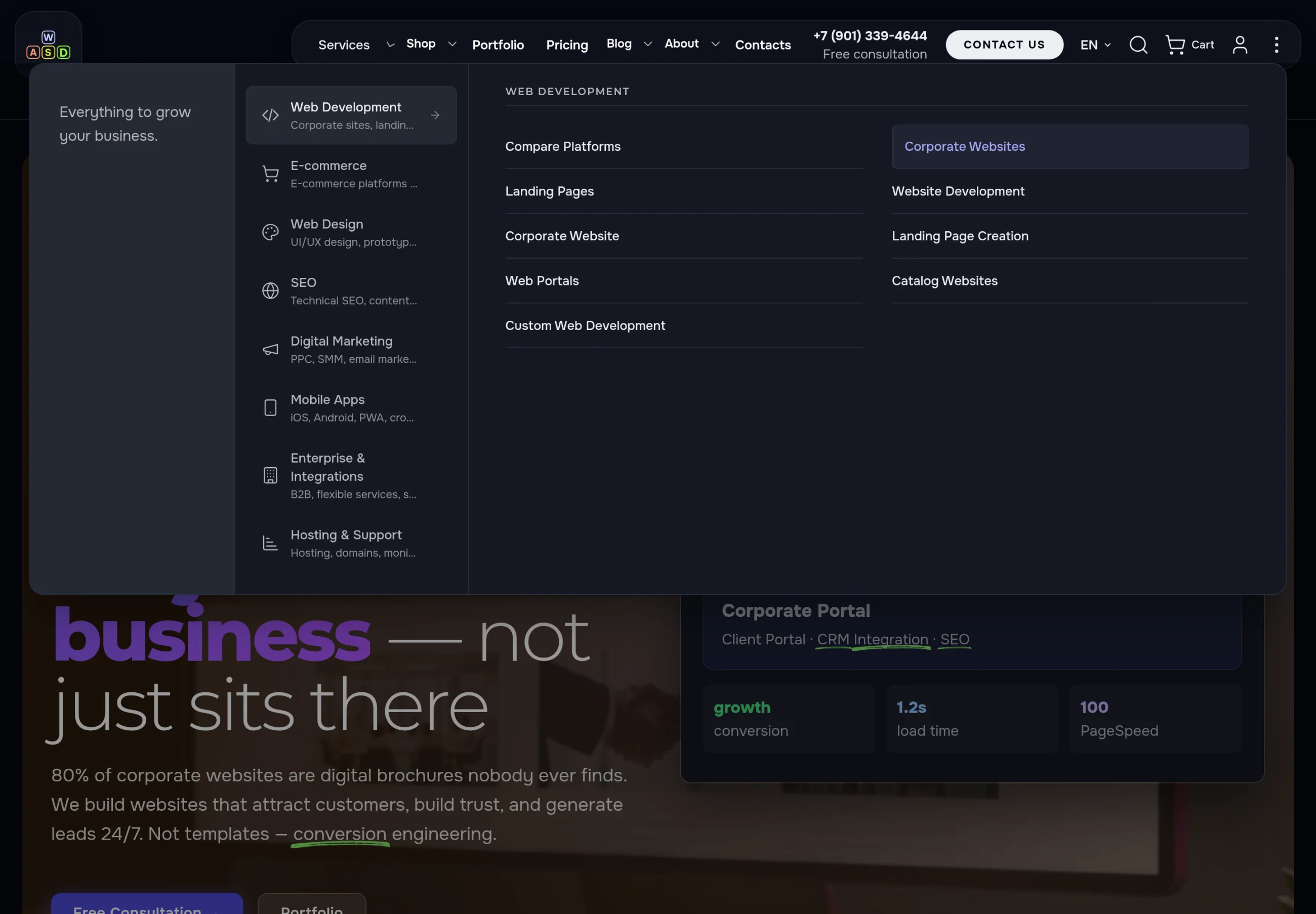 The services menu in the dark theme: sections with icons on the left, the section’s links on the right, the current page “Corporate Websites” highlighted