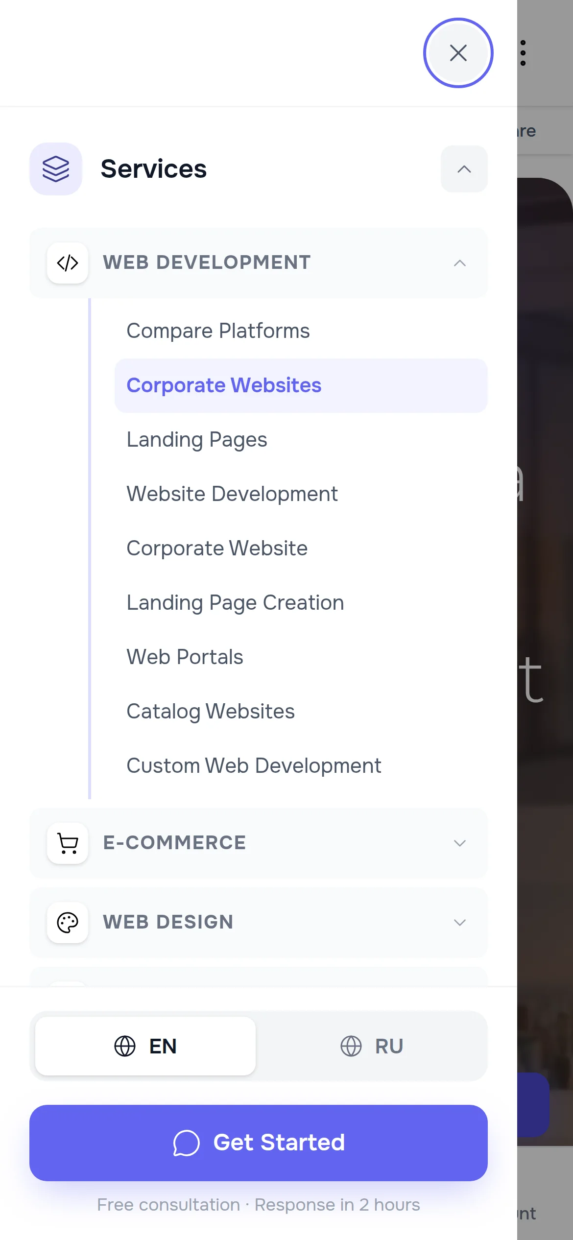 The phone menu: the Web Development section opened by itself, the current page “Corporate Websites” highlighted
