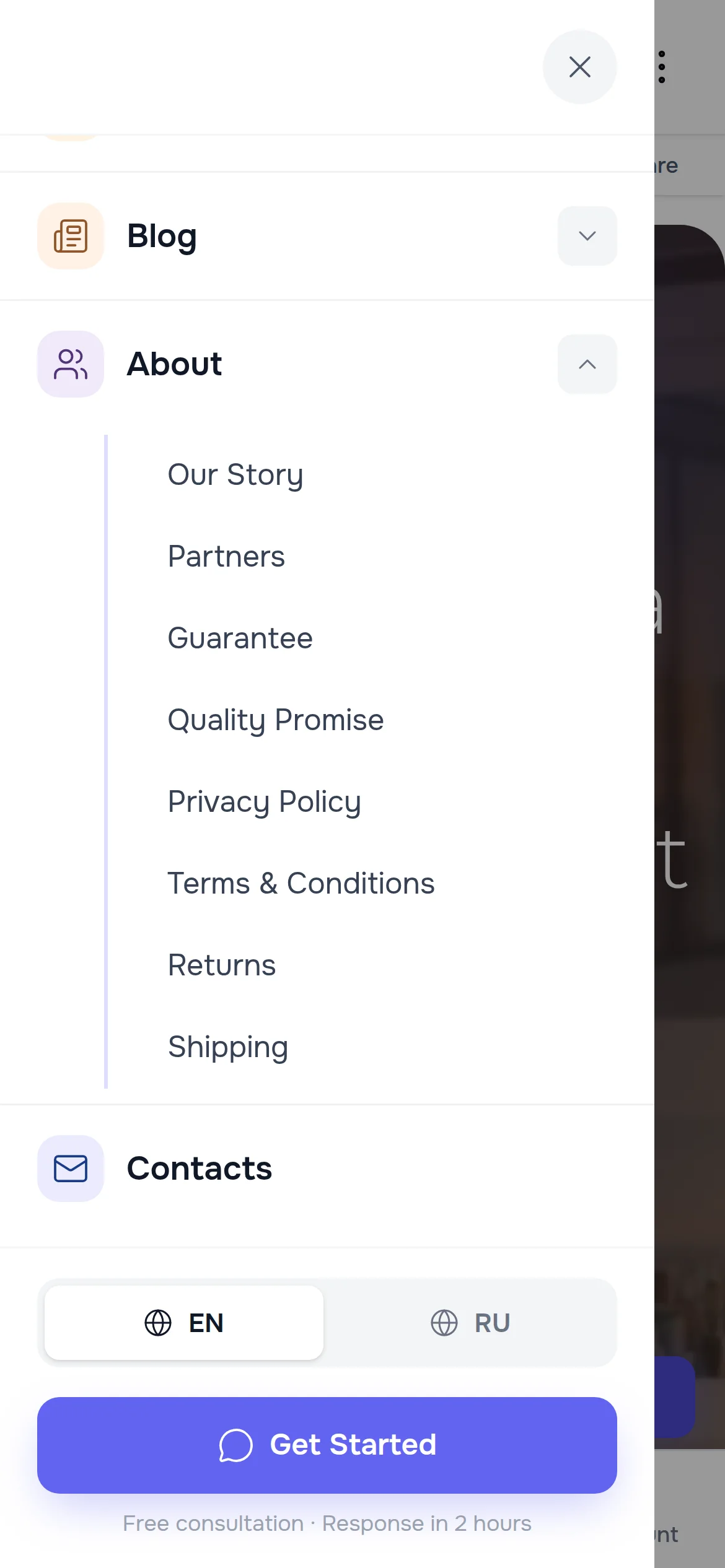 The phone menu: the About item open, the language switch and the Get Started button at the bottom