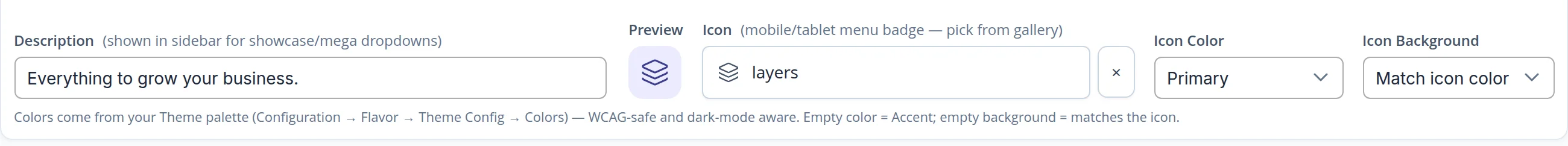 A menu item in the admin panel: the side-column description, an icon with preview, icon and background colours from the theme palette