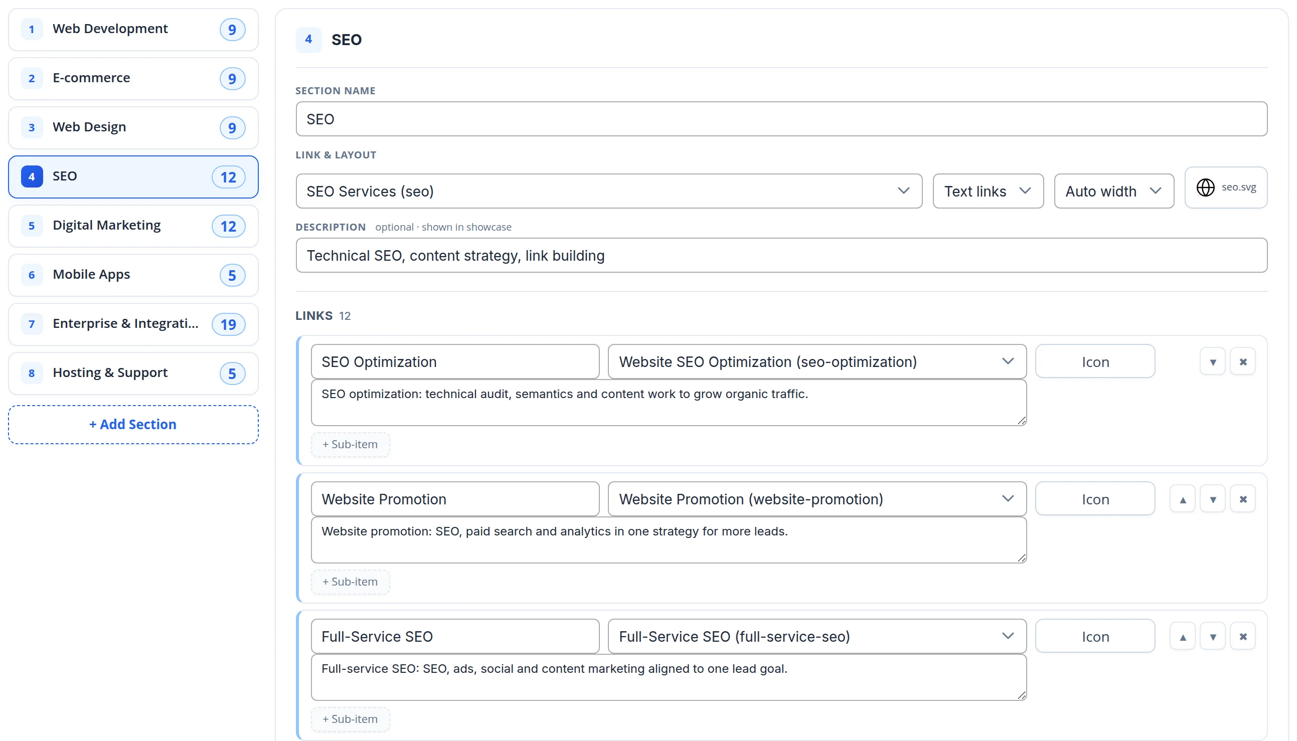 The section editor of the Services item: eight sections with link counts on the left, the SEO section on the right — name, section page, link style, icon, description and links to service pages with short notes