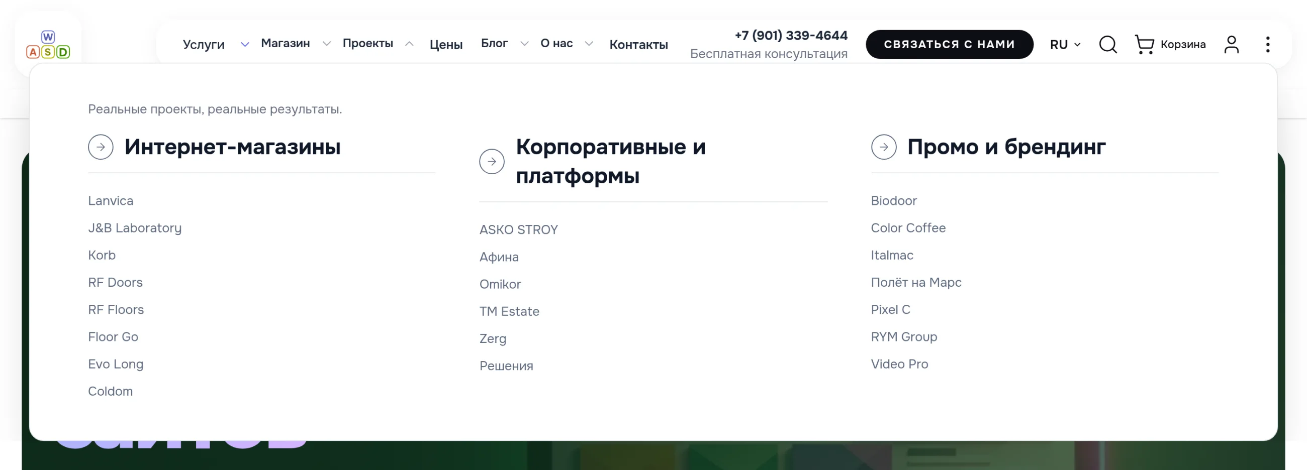 Панель «Проекты»: три колонки с заголовками — интернет-магазины, корпоративные сайты и платформы, промо и брендинг