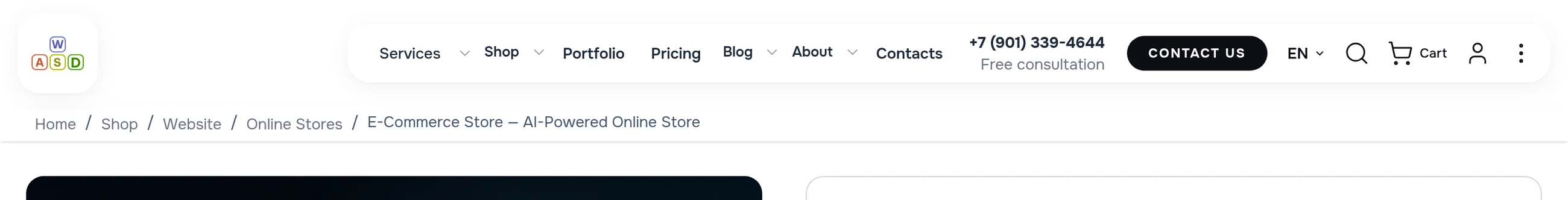 The “AI-Powered Online Store” product page: the path Home / Shop / Website / Online Stores above the product