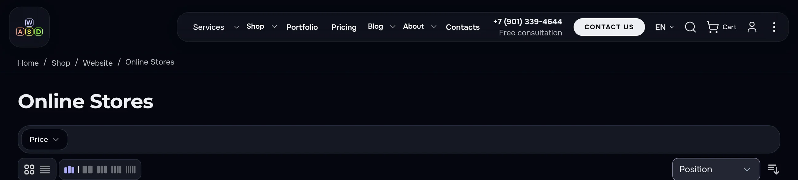 The Online Stores catalogue section in the dark theme: the header and the path Home / Shop / Website / Online Stores