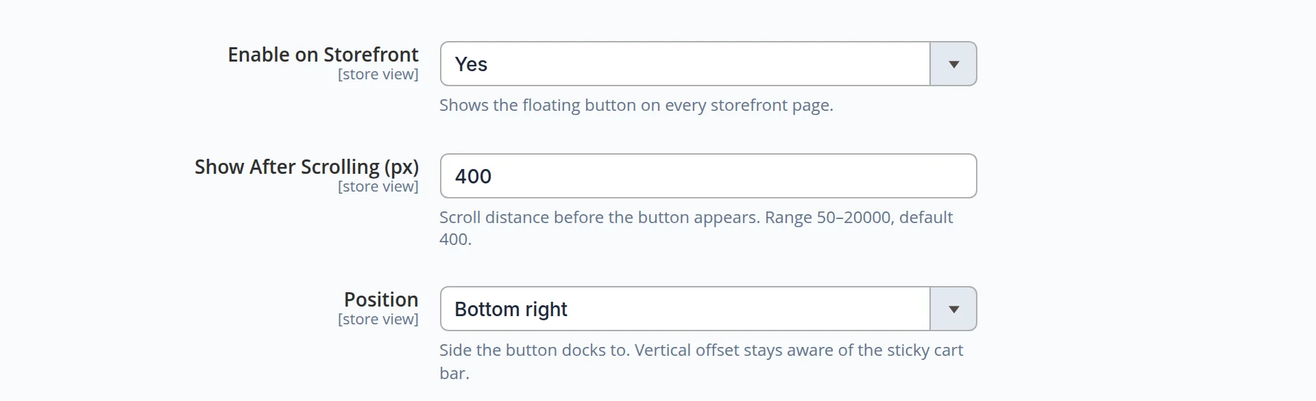 Back-to-top settings in the admin: show on the storefront, 400 px scroll threshold, bottom-right position