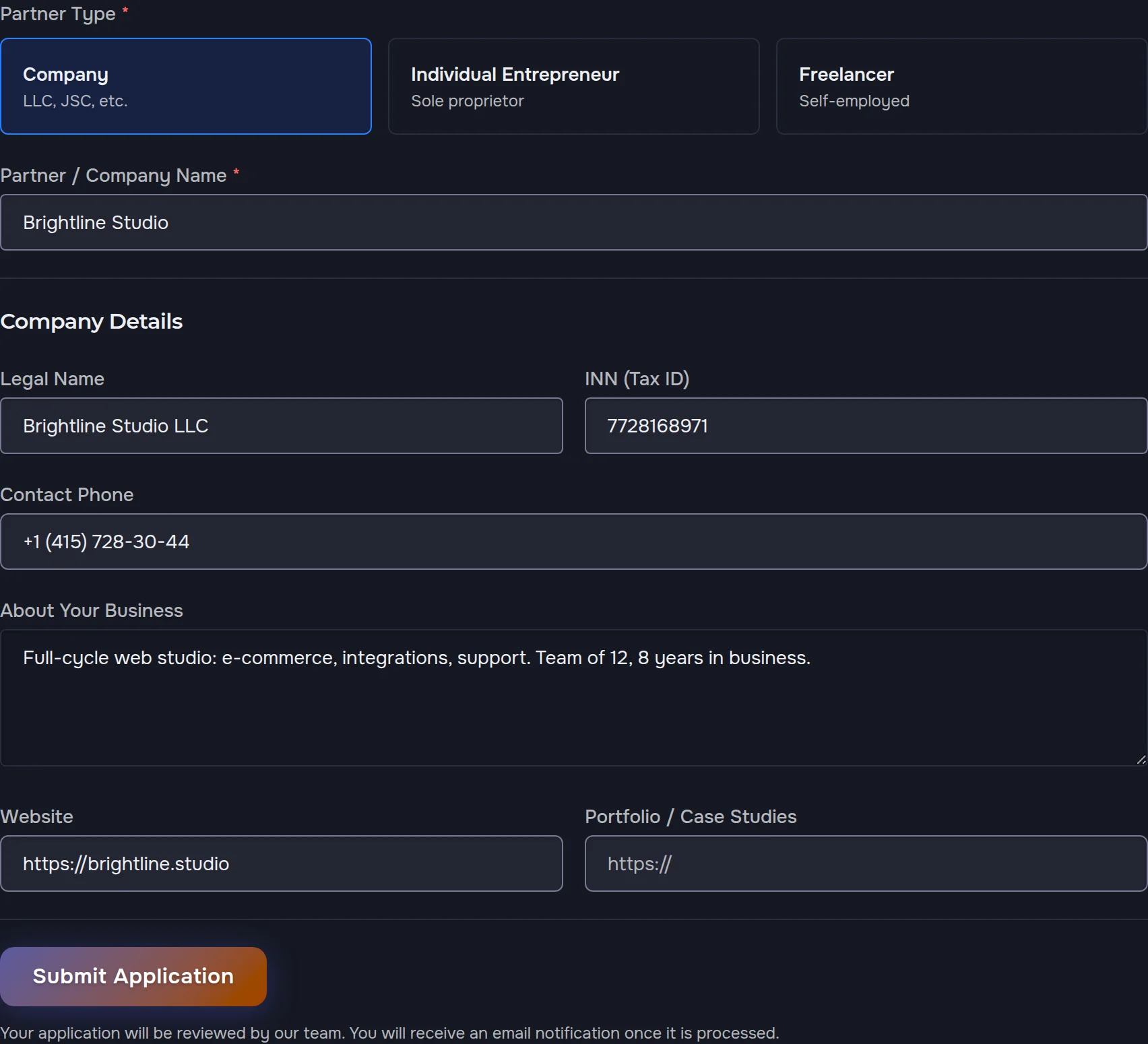Completed company application — details, Tax ID, service description