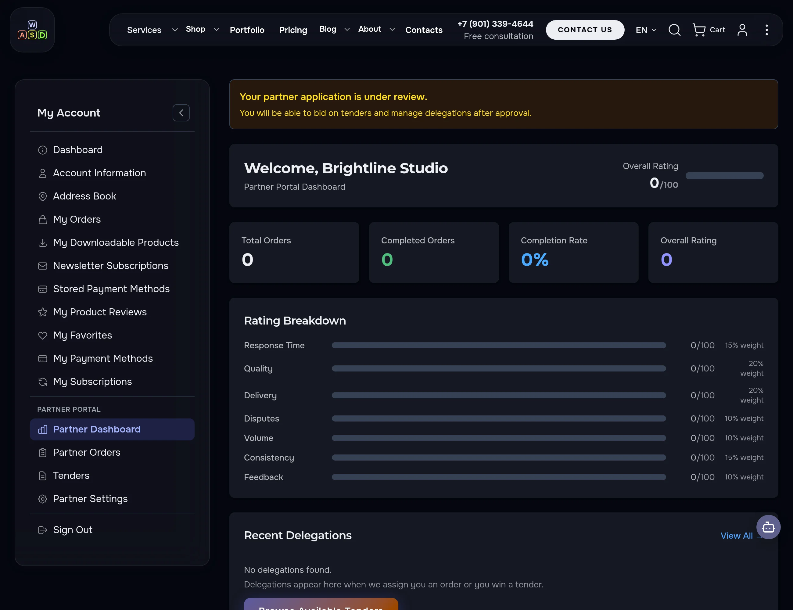 Account in review status — the partner sees everything, actions stay locked until approval