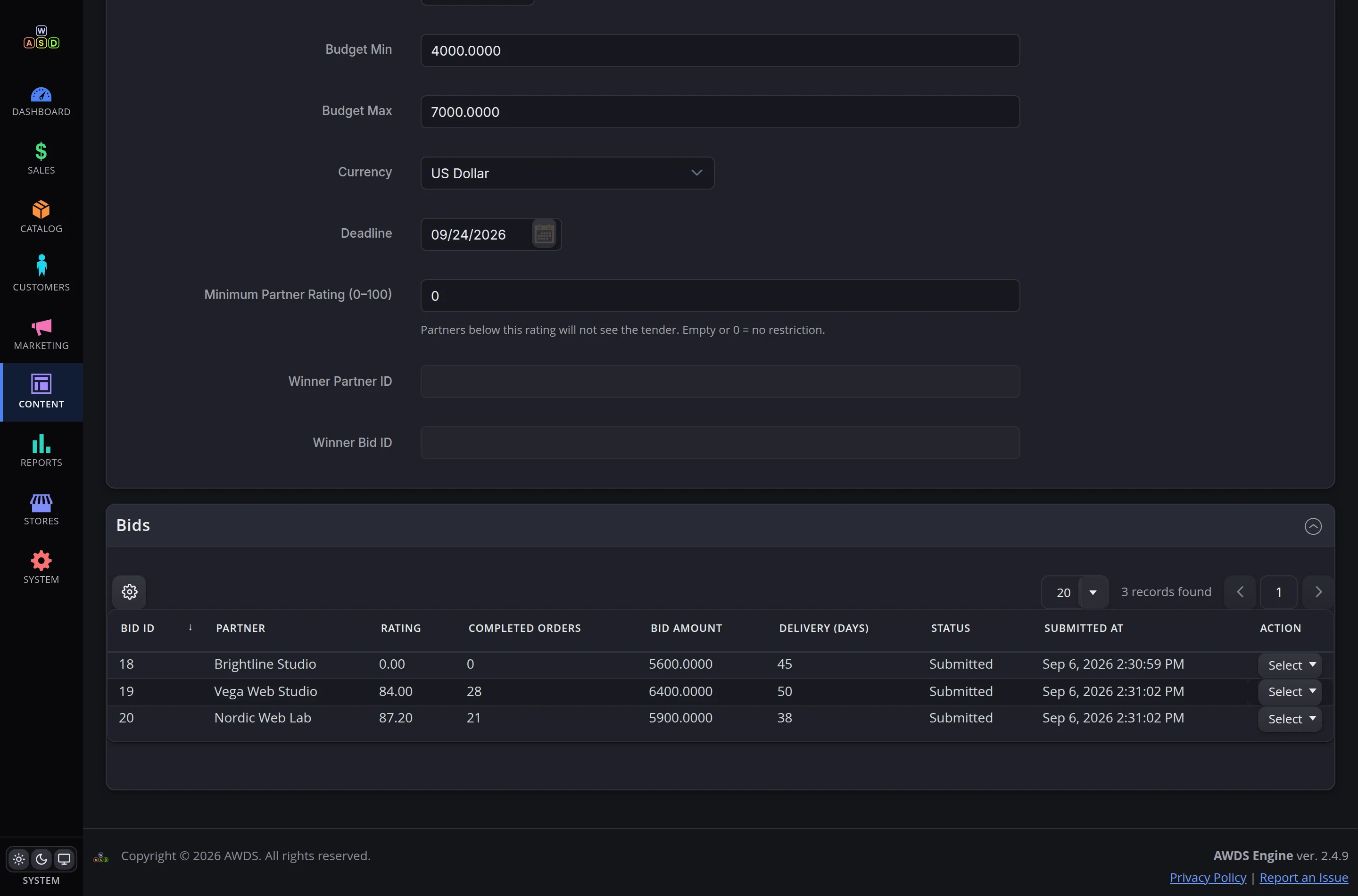 Bids on the tender — three proposals side by side: amounts, timelines, actions