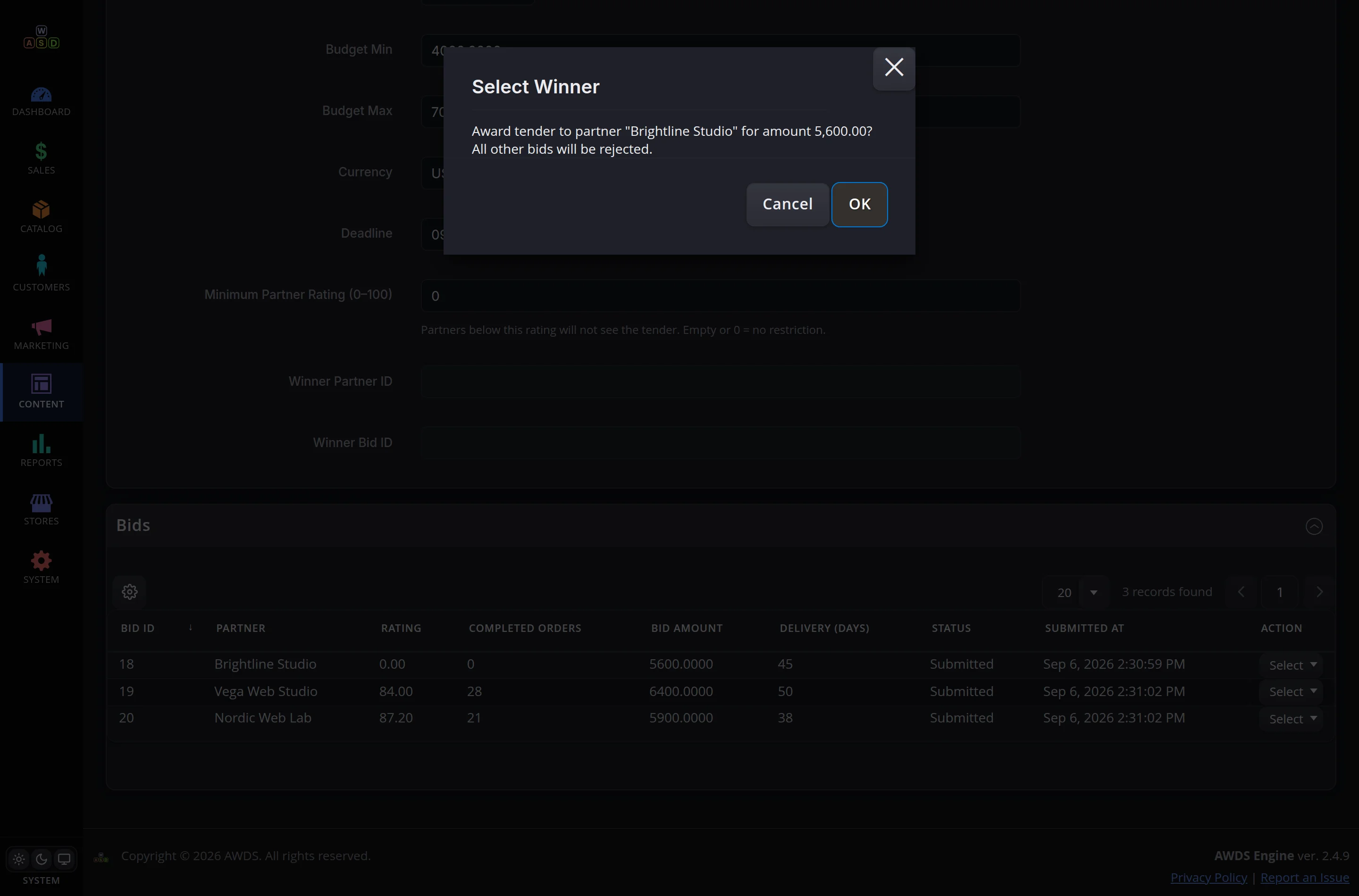Selecting the winner — confirmation: all other bids will be declined automatically