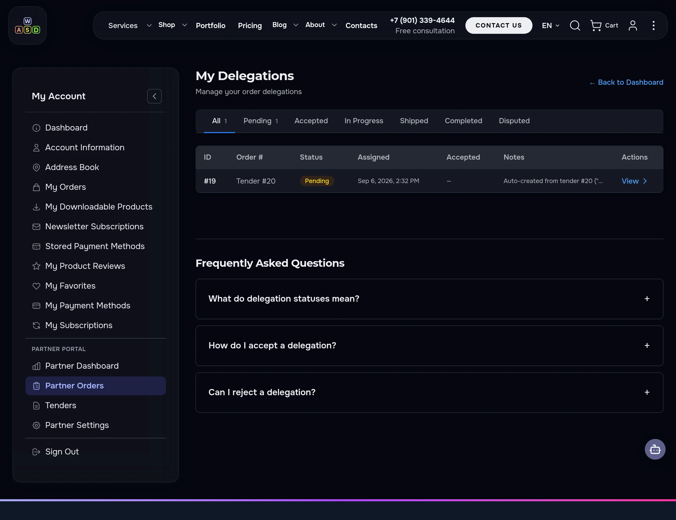 Partner delegations — status filters, pagination, full work history