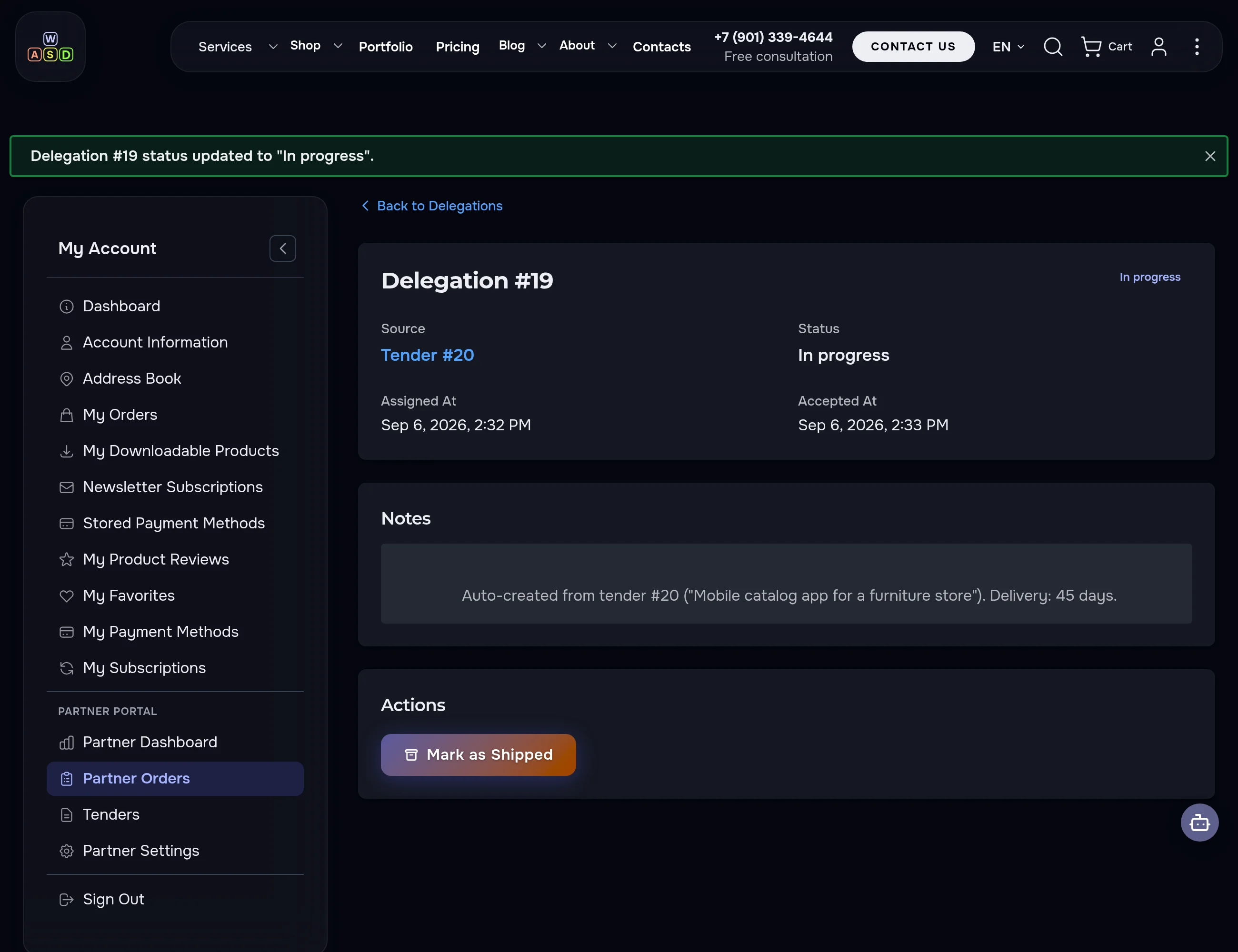 Delegation in progress — status badge and the next available button