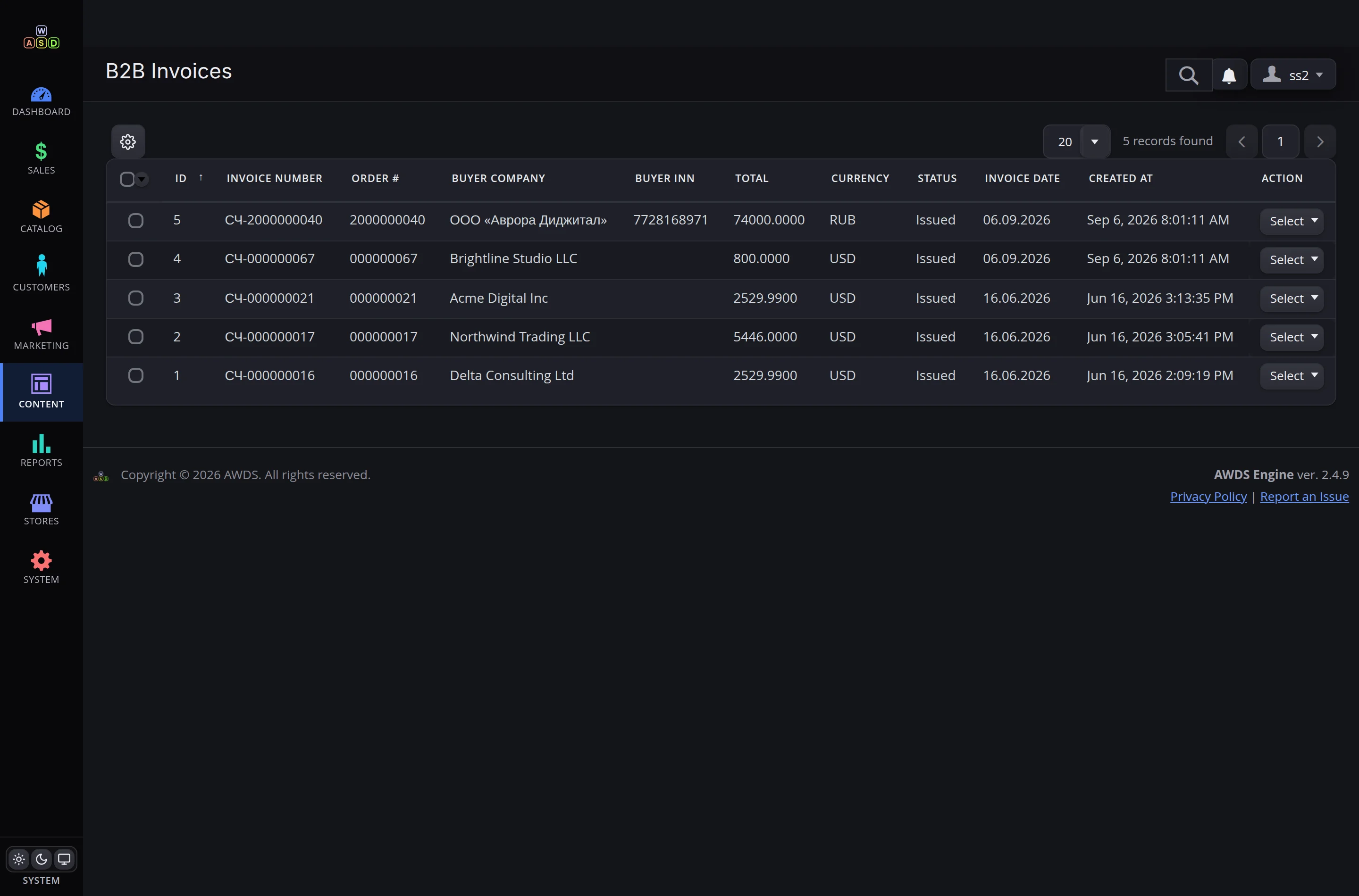 Invoice registry in the admin panel — numbers, totals, statuses