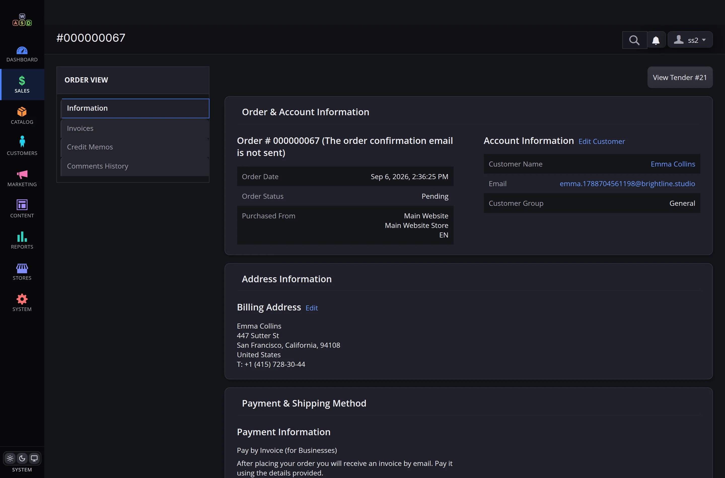 Order page — link to the related tender and the “B2B invoice” payment method