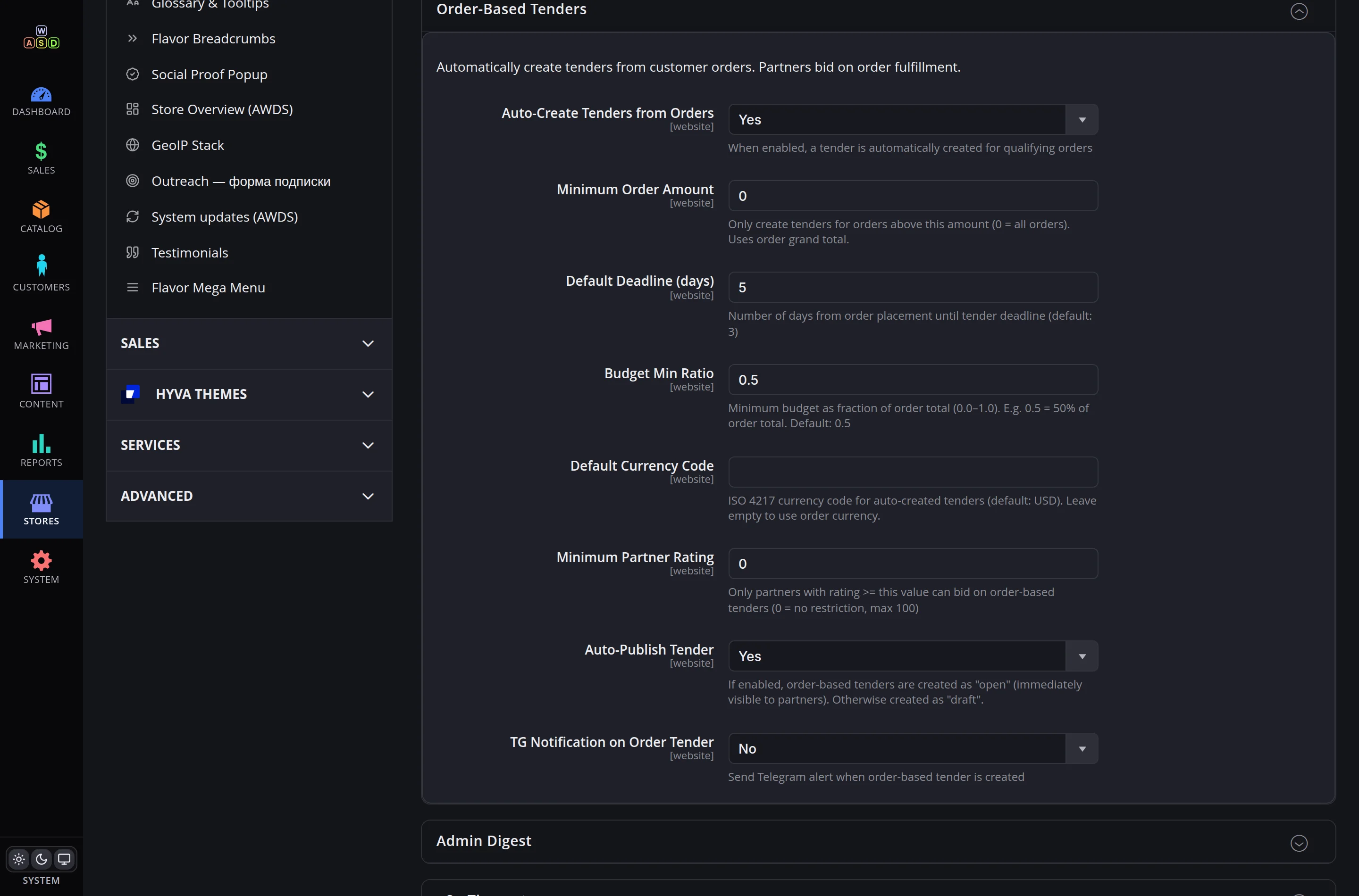Auto-tender rules — amount threshold, deadline, auto-publish: all toggles