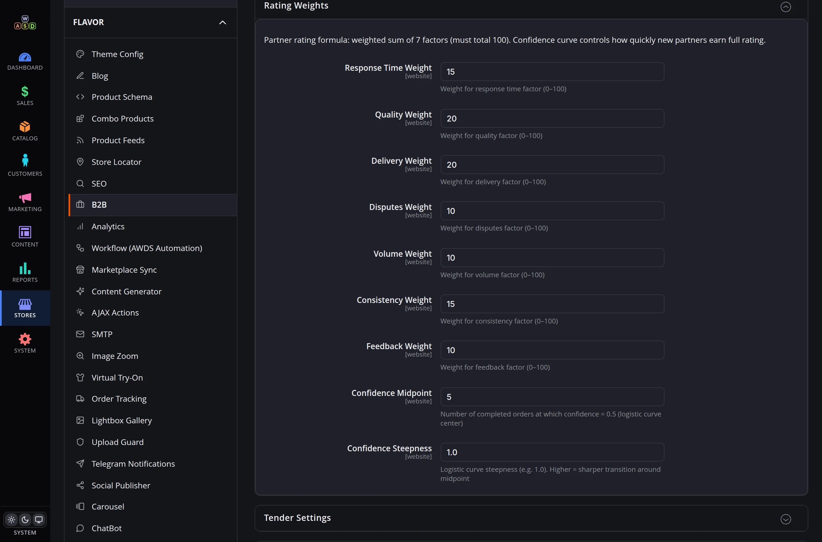 Rating weight settings — seven factors, percentages edited in plain fields