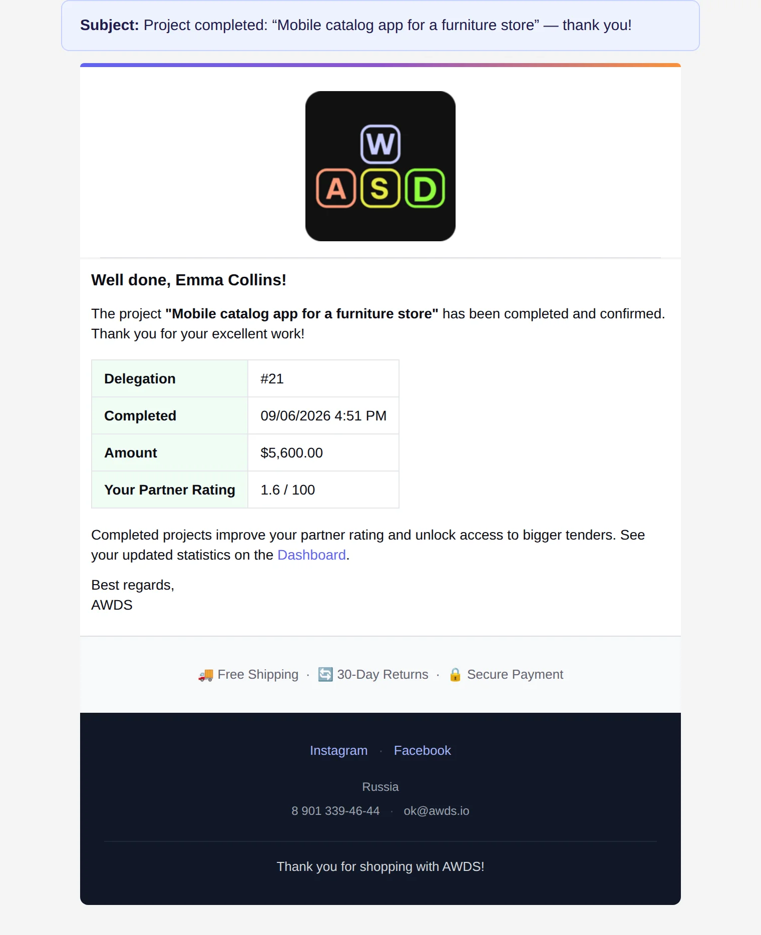 Project completed email — thanks, the amount and the partner's new rating
