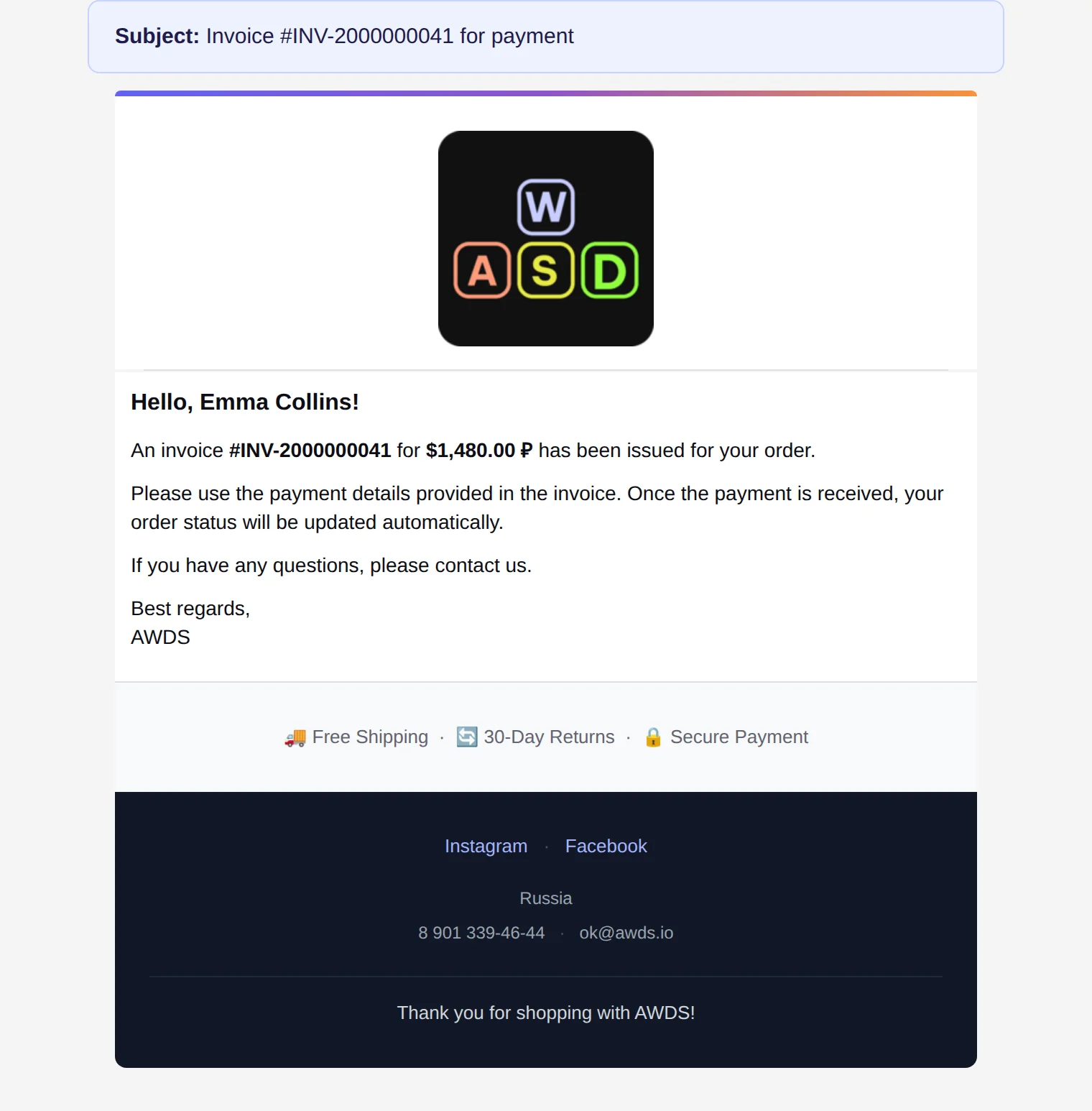 Invoice email — sent to the client automatically on checkout