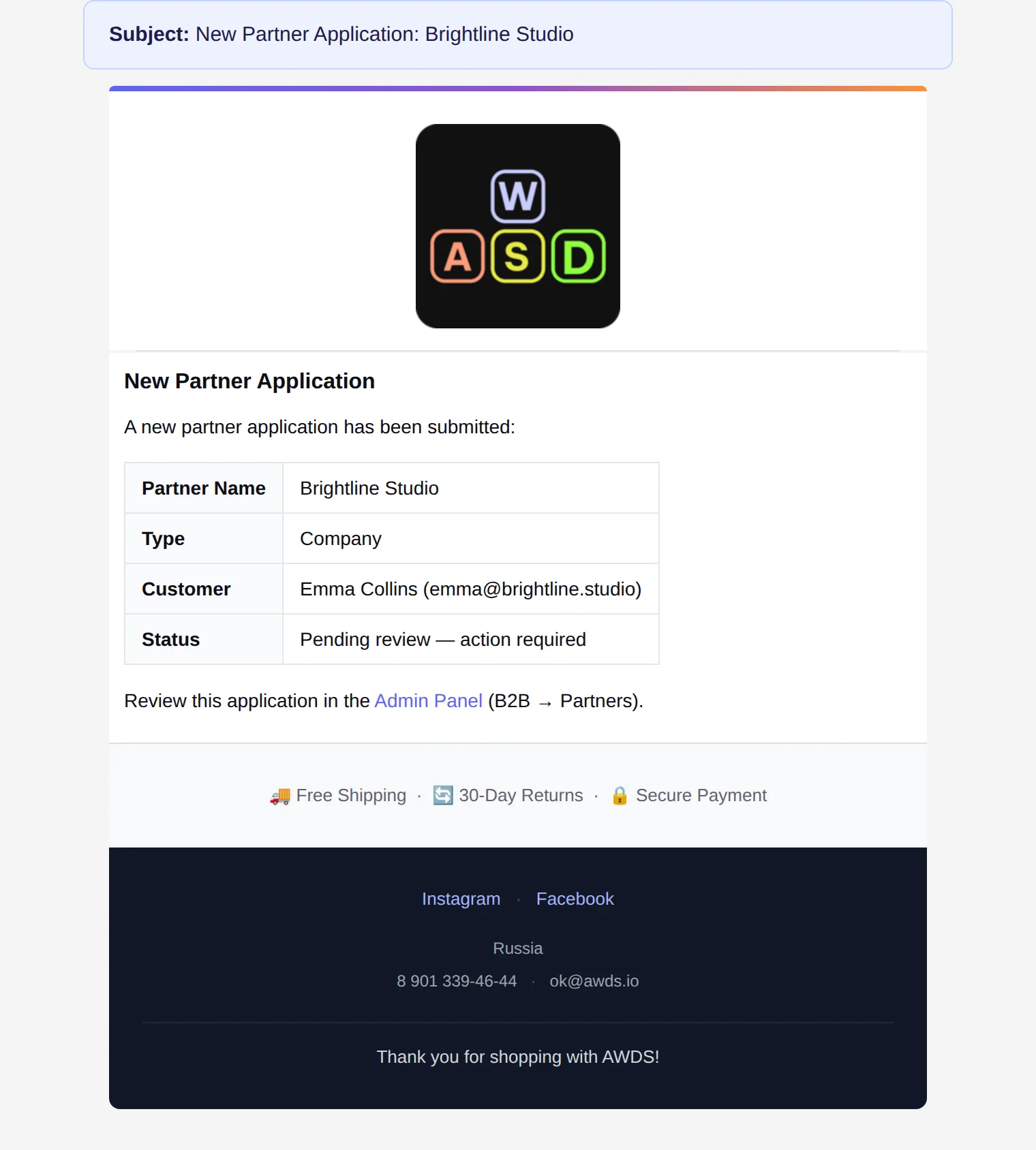 Email to the owner — new partner application with details and a link to the panel