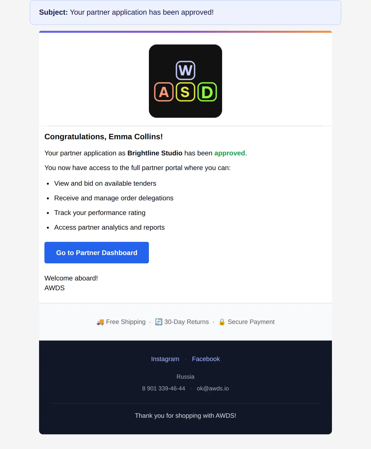 Email to the partner — application approved, the portal is open