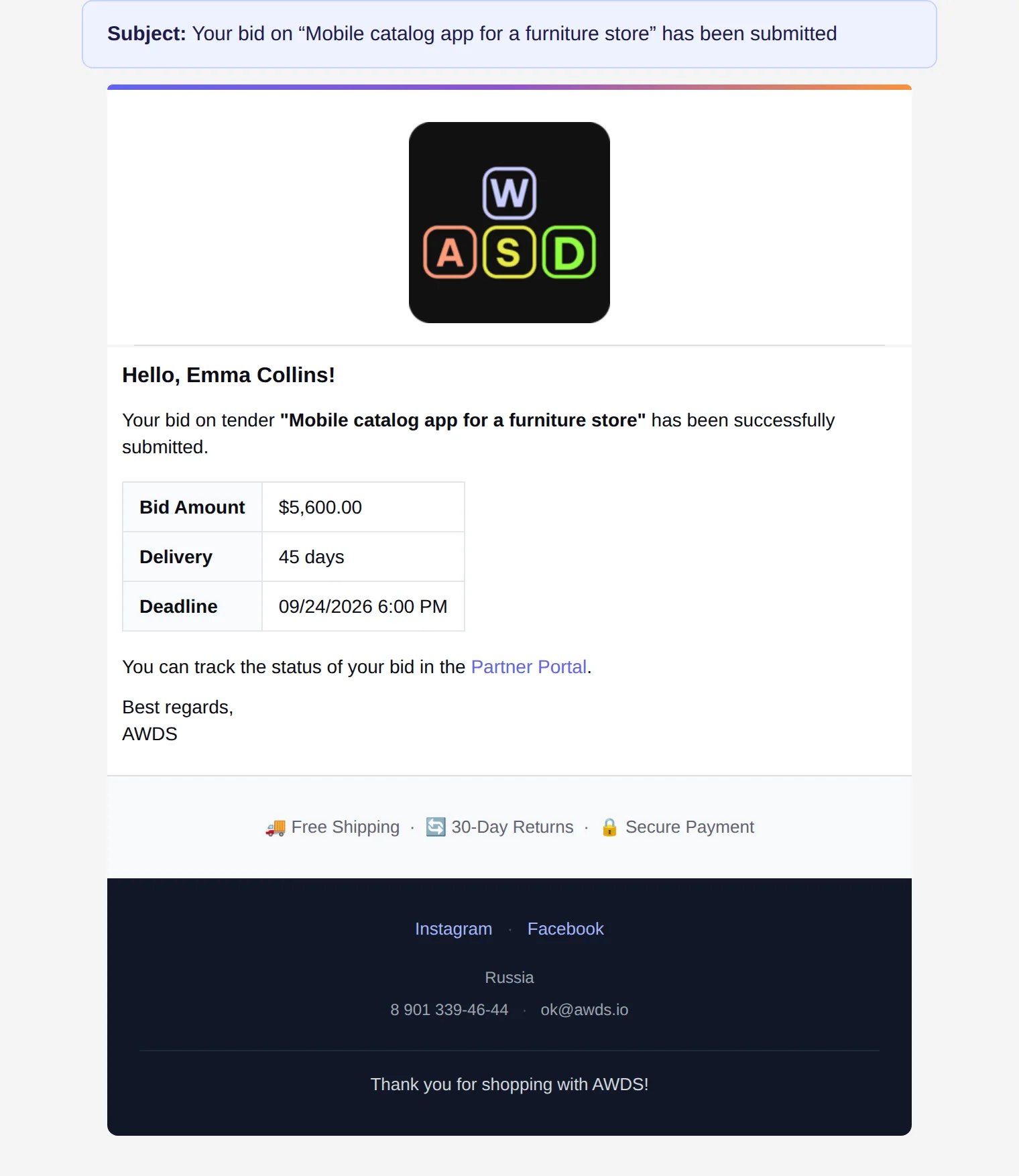 Bid submitted email — confirmation with amount and timeline