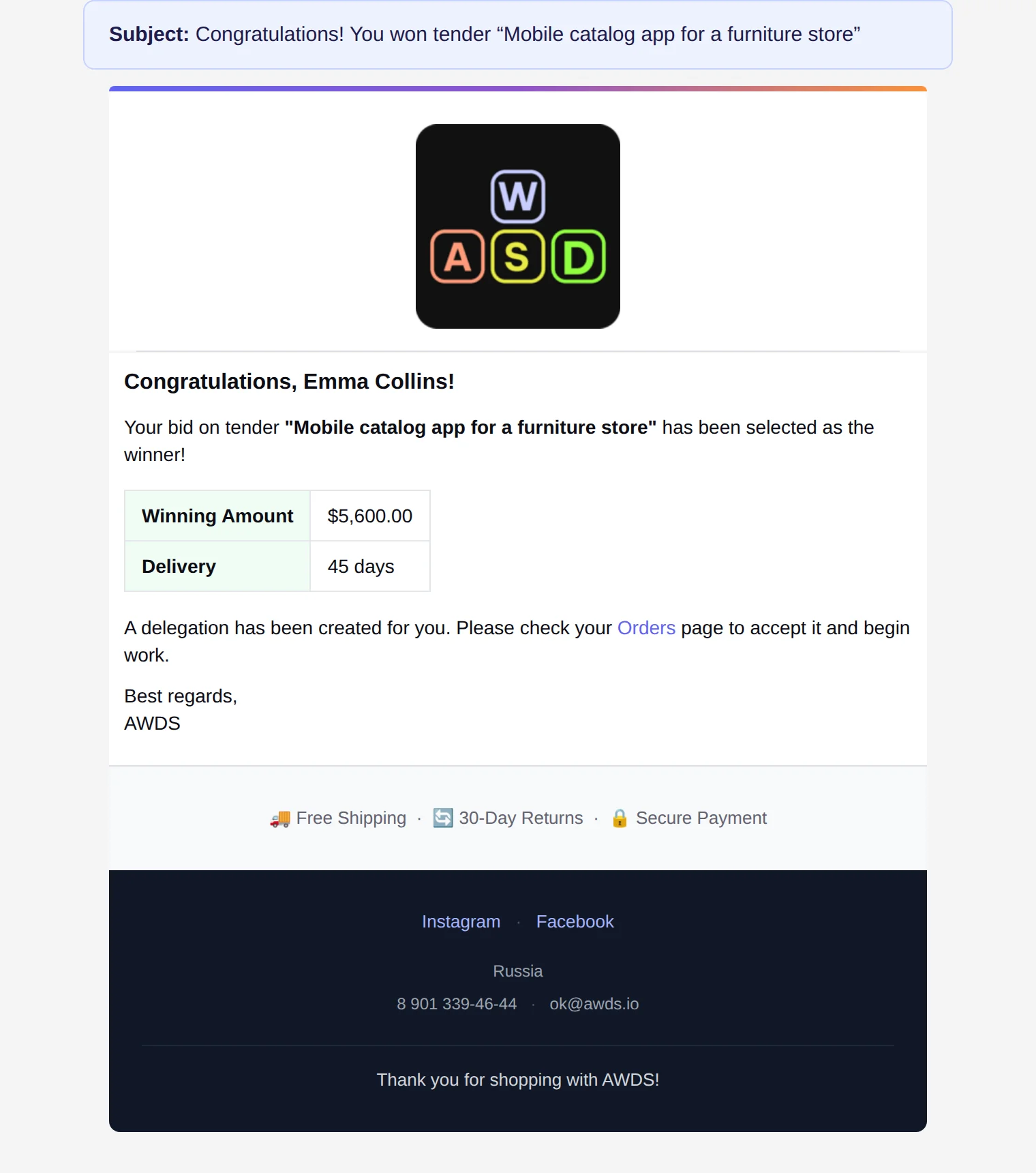 Winner email — “You won the tender”, the delegation is already created