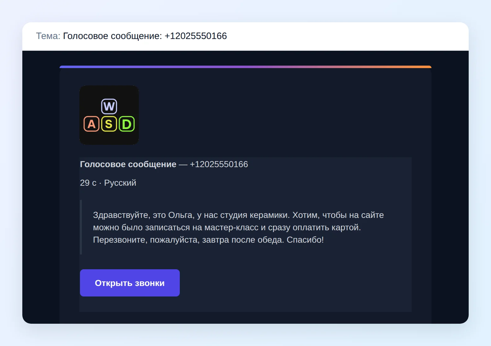 Письмо с темой «Голосовое сообщение: +12025550166» в оформлении писем магазина: логотип, номер звонящего, 29 секунд, текст сообщения и кнопка «Открыть звонки»