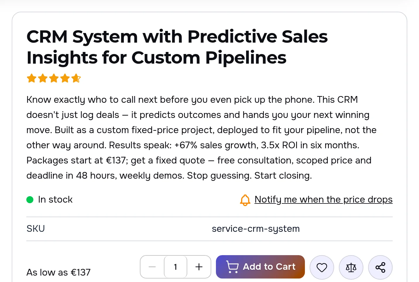 Product card of the CRM system in euros: the description says Packages start at €137, and the price next to the Add to Cart button says As low as €137