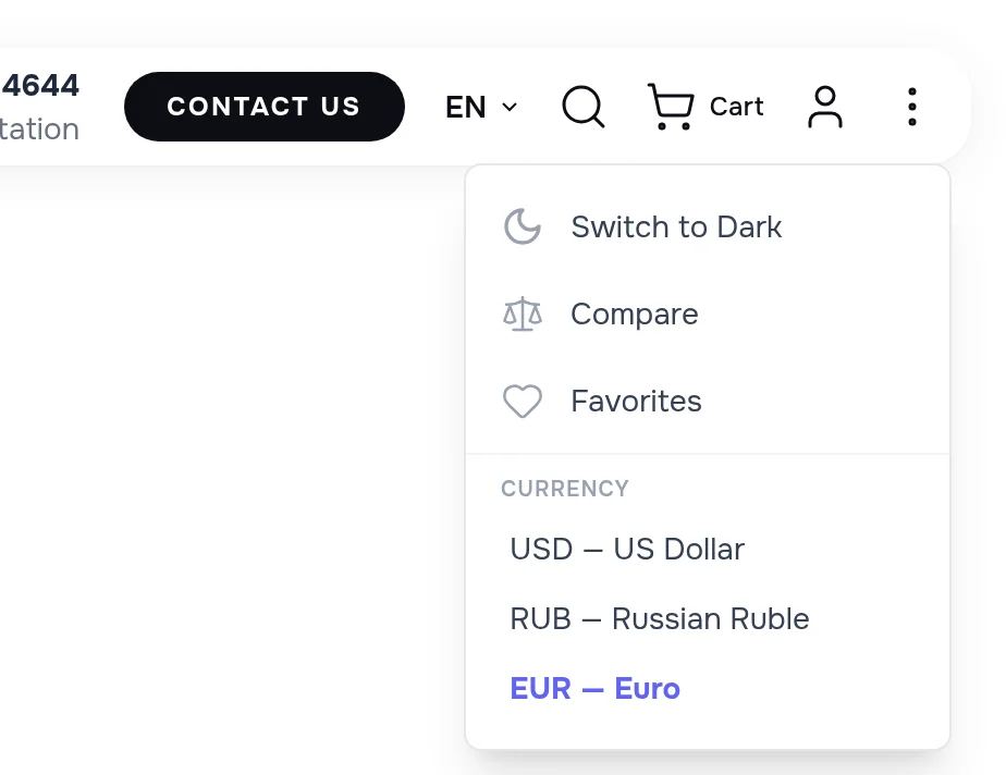 The site menu opened from the header: Switch to Dark, Compare, Favorites and the Currency list with USD — US Dollar, RUB — Russian Ruble and EUR — Euro, the euro highlighted as chosen