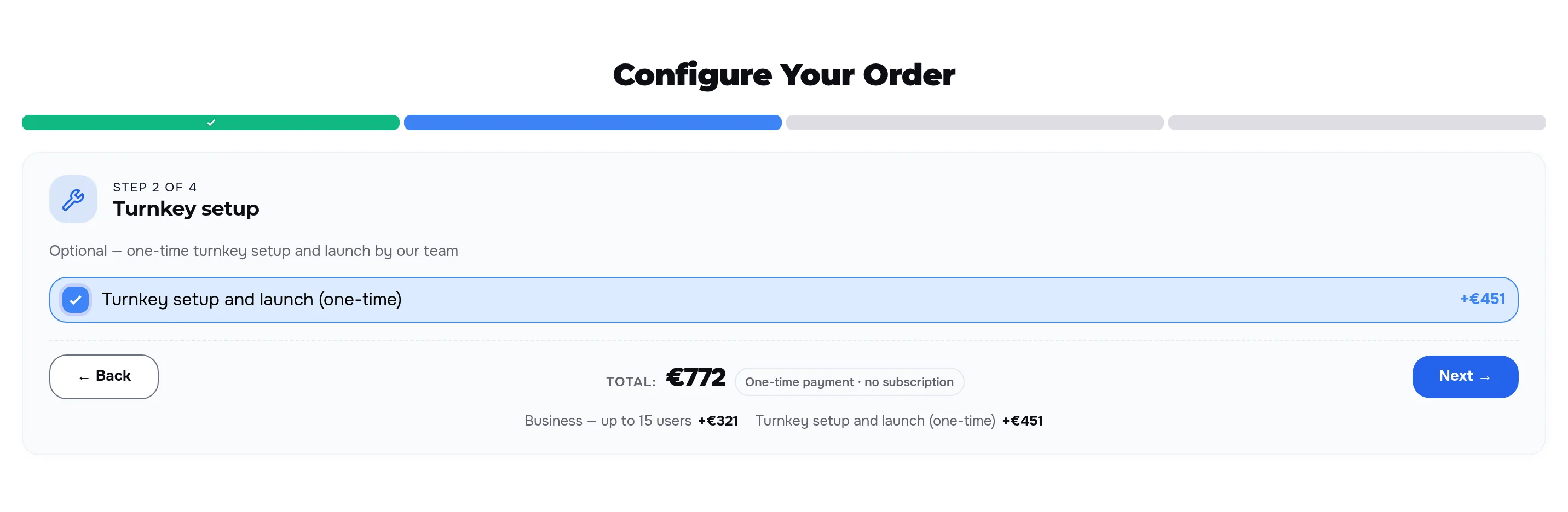 Step 2 of 4 of the order configurator, Turnkey setup: the option Turnkey setup and launch (one-time) +€451 is selected, the total is €772, and below it the parts Business — up to 15 users +€321 and Turnkey setup and launch +€451