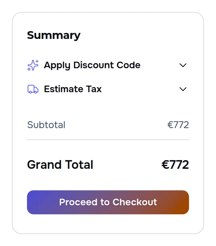 Cart summary: Subtotal €772, Grand Total €772 and the Proceed to Checkout button