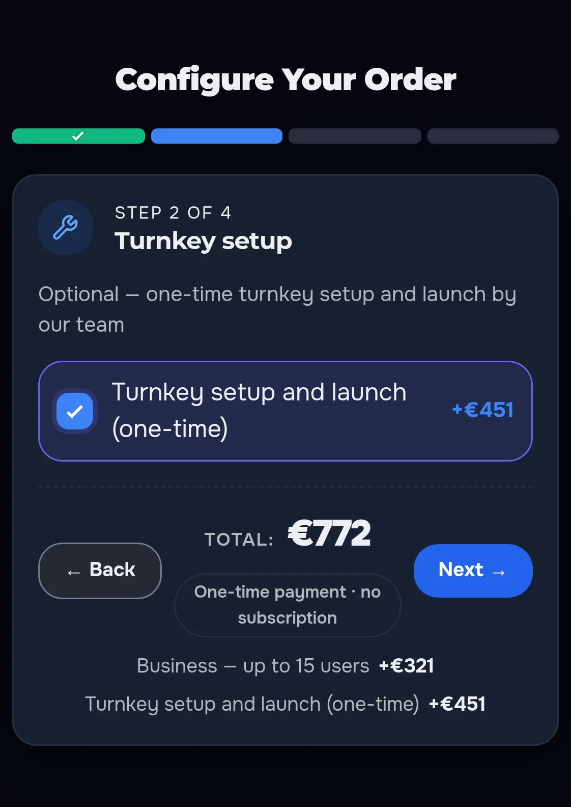 The order configurator on a phone in the dark theme: the Turnkey setup step with +€451, the total €772 and the parts Business — up to 15 users +€321 and Turnkey setup and launch +€451