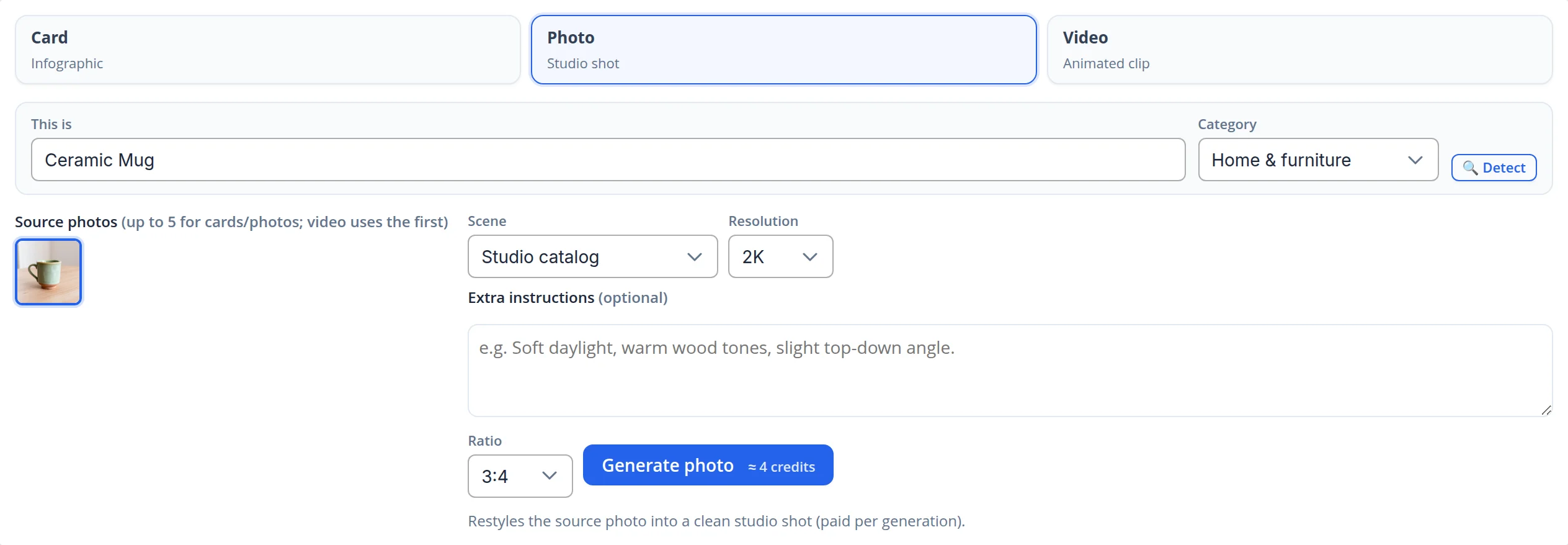 Photo mode: scene Studio catalog, resolution 2K, an Extra instructions field, ratio 3:4 and the Generate photo button with ≈ 4 credits