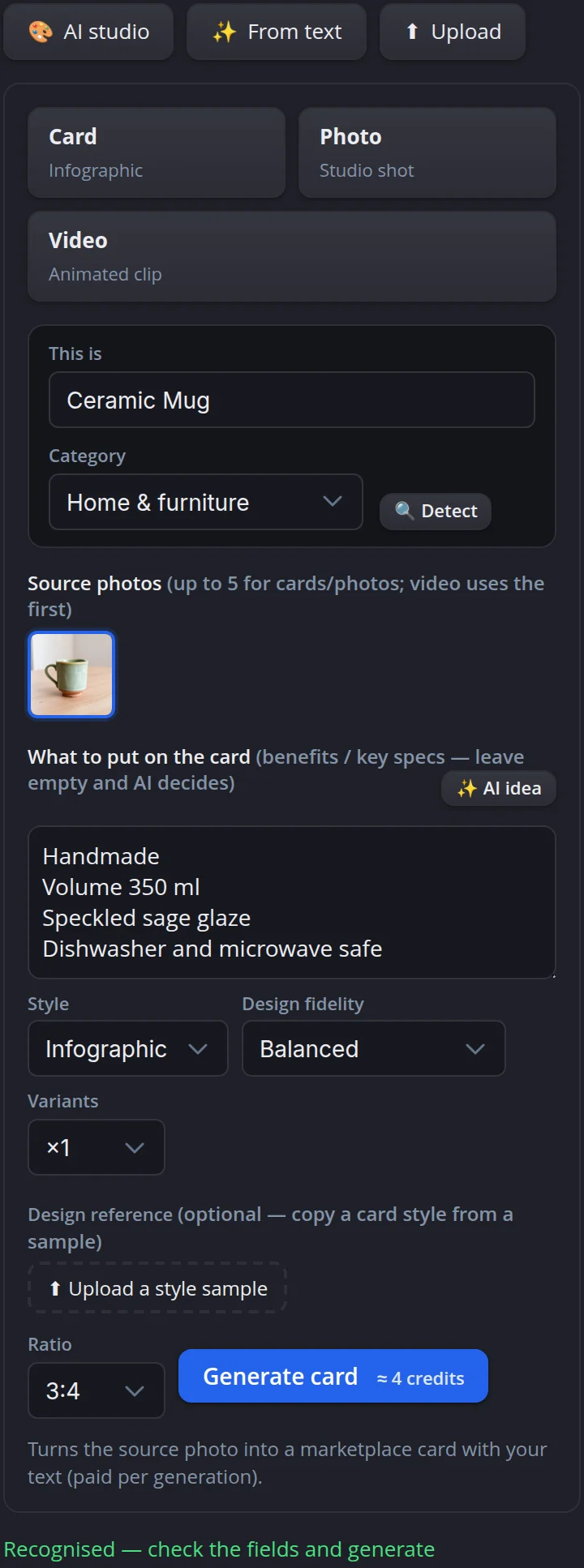 AI studio on a phone in the dark theme: Card, Photo and Video modes, This is and Category fields, the source photo, four card lines, style, fidelity, variants and the Generate card button with ≈ 4 credits