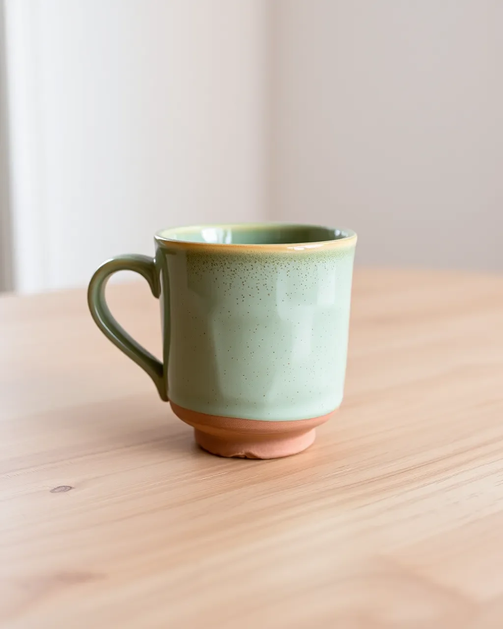 Source photo: a ceramic mug with a speckled sage glaze and an unglazed clay foot on a light wooden table by a white wall