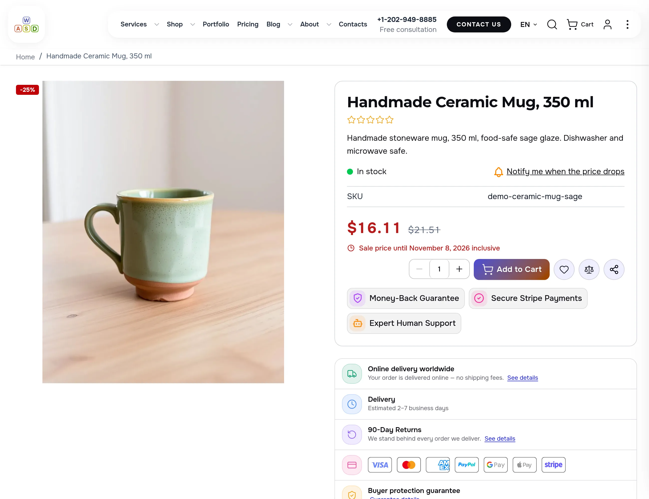 Product page of a handmade ceramic mug: a −25% badge on the photo, the old price $21.51 crossed out, the sale price $16.11 and the line Sale price until November 8, 2026 inclusive above the Add to Cart button