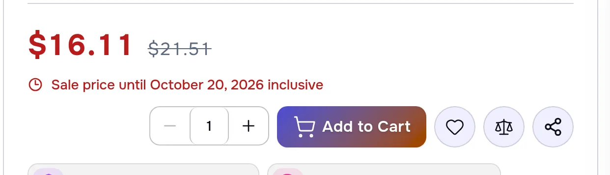 The same product in the same final days for a visitor who turned motion off: instead of ticking digits, the line Sale price until October 20, 2026 inclusive