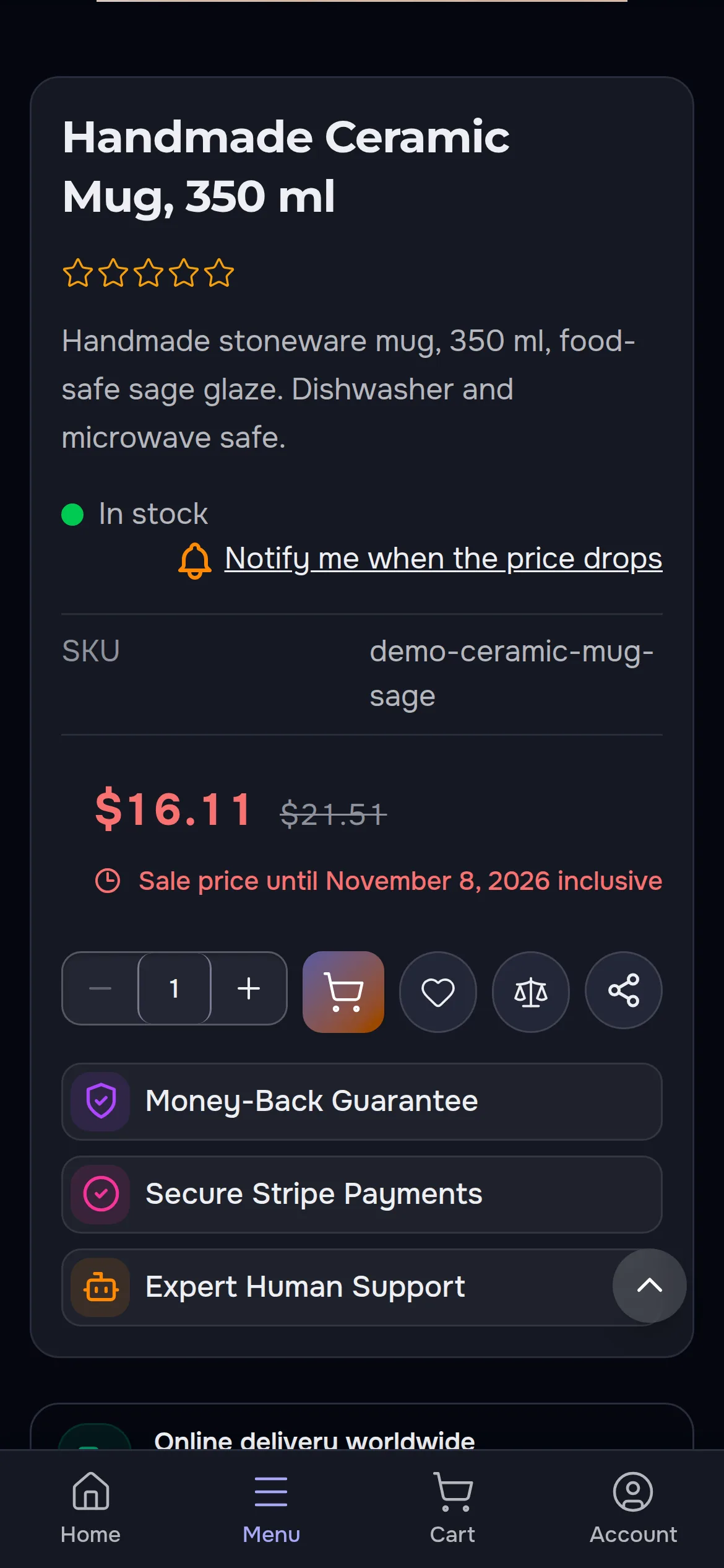 Further down the same page on a phone: the old price $21.51 crossed out, the sale price $16.11, Sale price until November 8, 2026 inclusive and the main buttons; the bar has stepped aside
