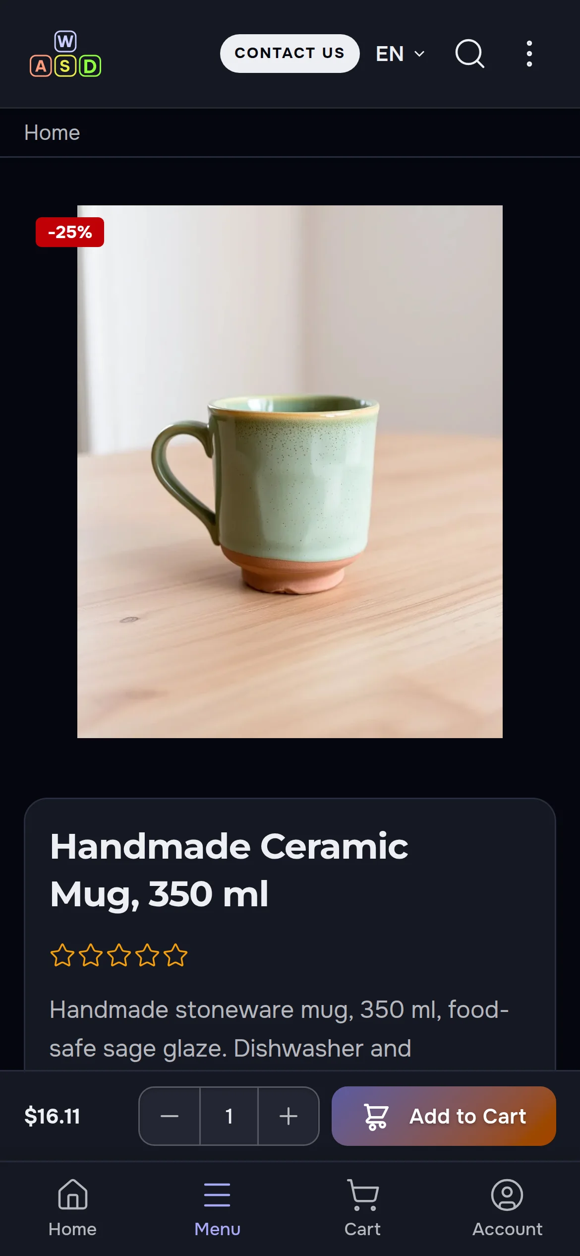 The mug page on a phone in the dark theme: the photo with a −25% badge, the title and, above the bottom menu, a bar with the price $16.11, the quantity and Add to Cart