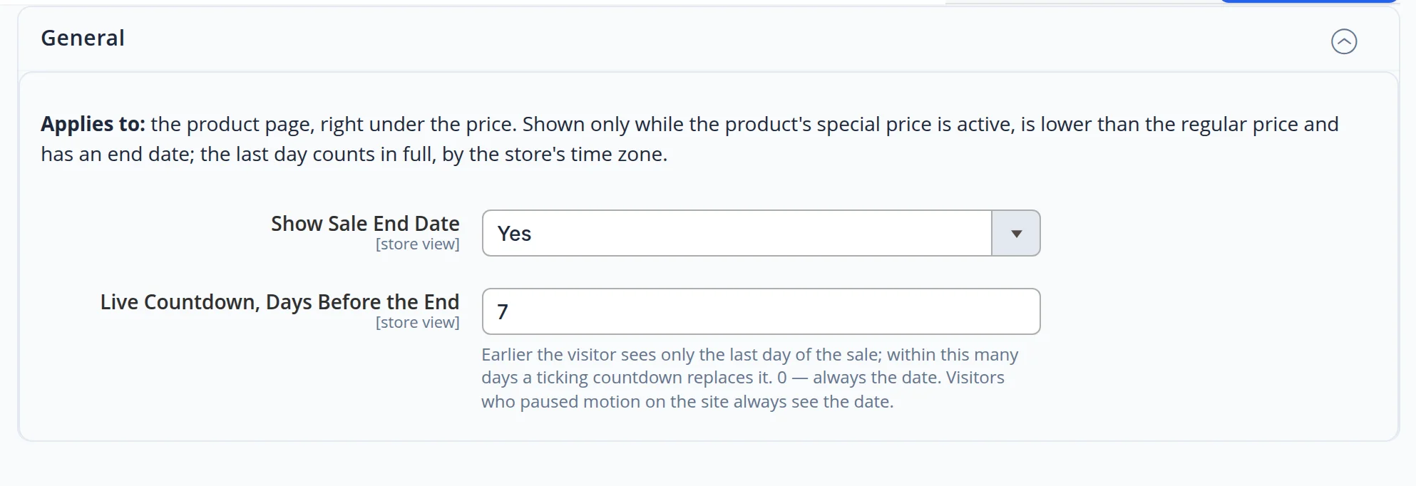 Sale Countdown settings: Show Sale End Date — Yes; Live Countdown, Days Before the End — 7, with the note that visitors who paused motion always see the date