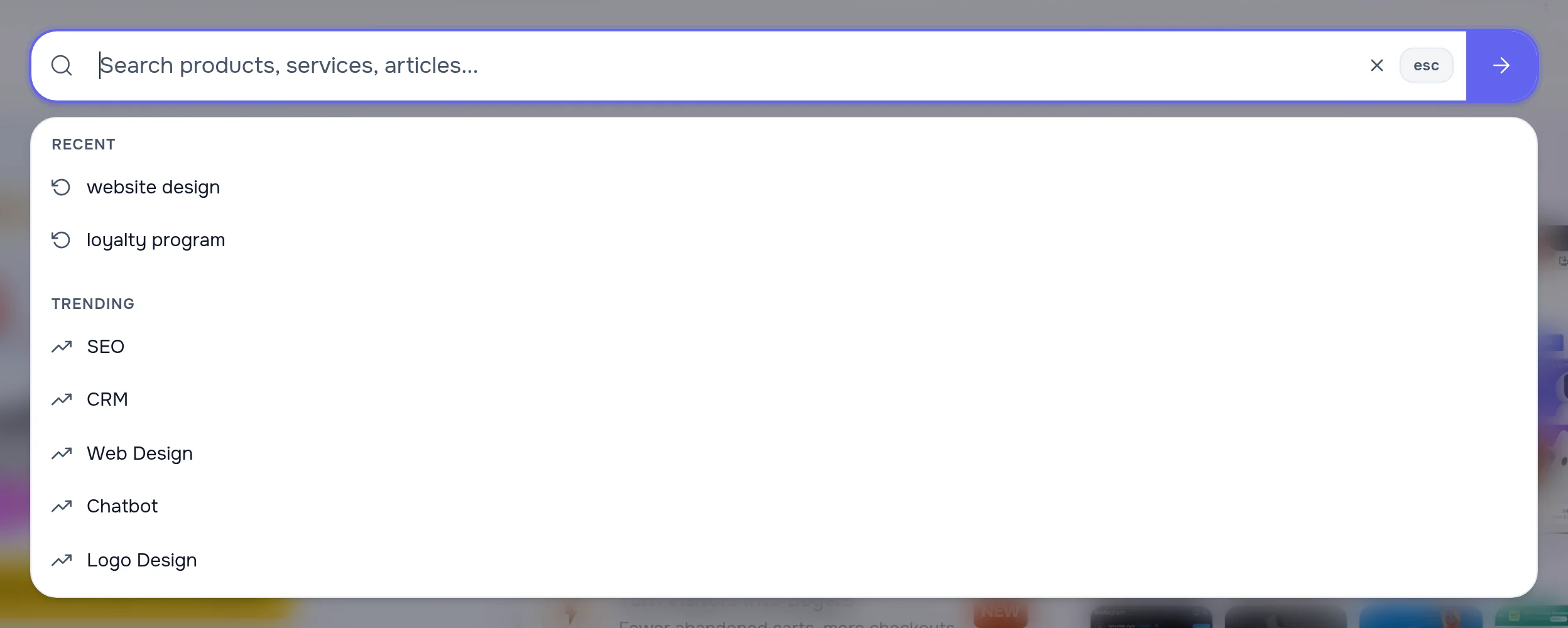 Search window with an empty “Search products, services, articles...” field: a “Recent” list — “website design”, “loyalty program” — and a “Trending” list — SEO, CRM, Web Design, Chatbot, Logo Design