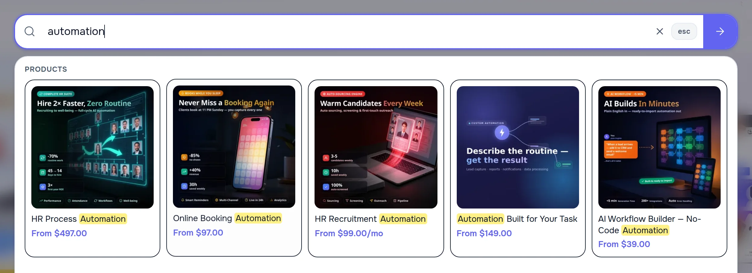 Search window for “automation”: five product cards in the “Products” group with pictures and prices from $39.00 to $497.00 — HR Process Automation, Online Booking Automation (selected with the arrow key), HR Recruitment Automation, Automation Built for Your Task and AI Workflow Builder; the word “Automation” is highlighted in the titles