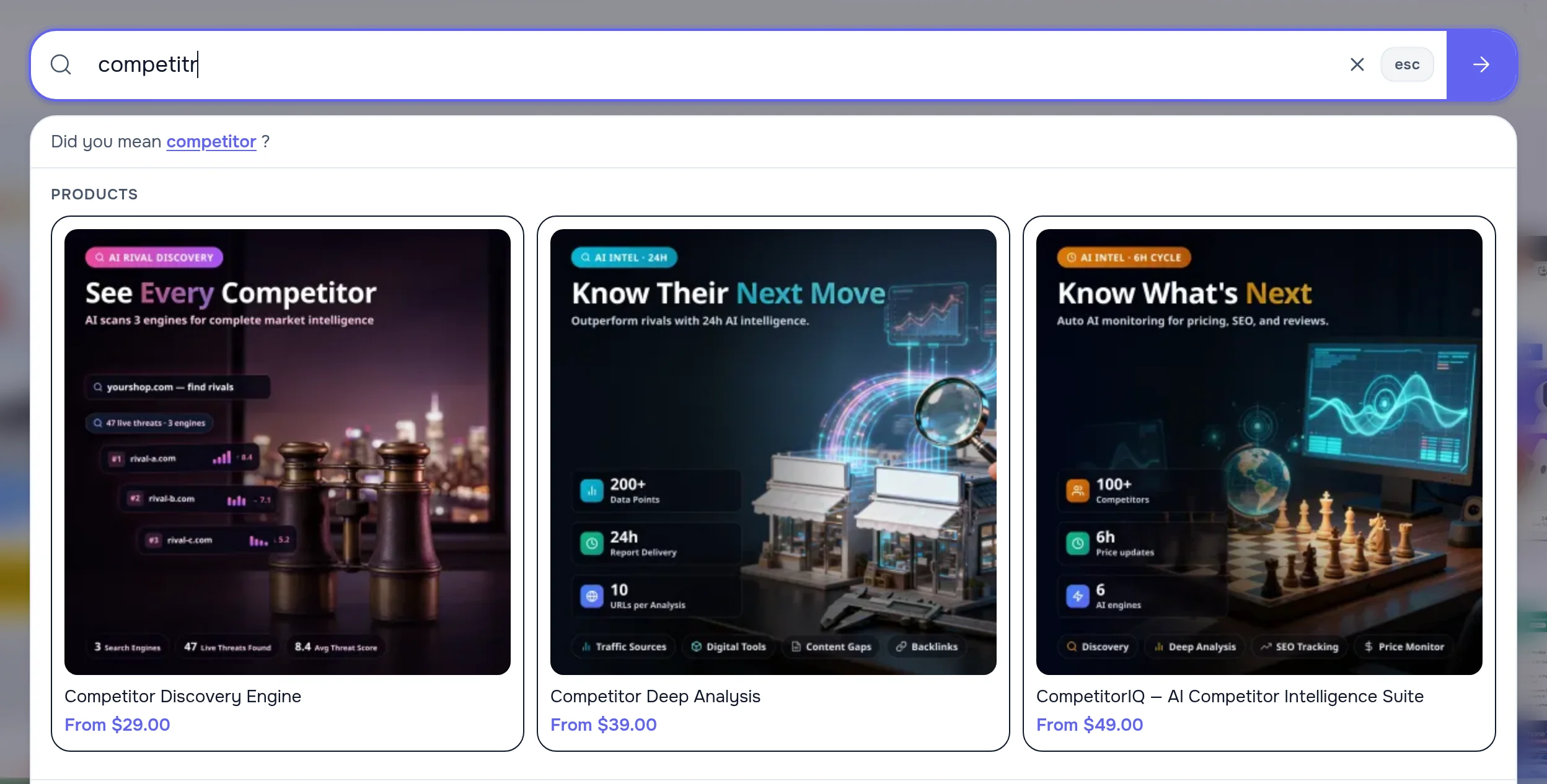 Search window for the misspelled query “competitr”: the line “Did you mean competitor?” and three products — Competitor Discovery Engine from $29.00, Competitor Deep Analysis from $39.00 and CompetitorIQ — AI Competitor Intelligence Suite from $49.00