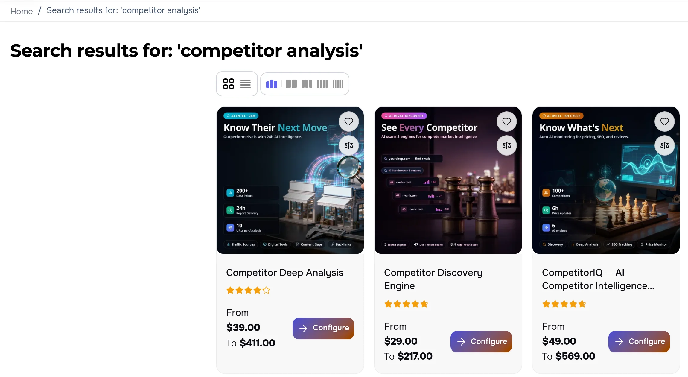 “Search results for: 'competitor analysis'” page: the first three products — Competitor Deep Analysis from $39.00, Competitor Discovery Engine from $29.00 and CompetitorIQ — AI Competitor Intelligence Suite from $49.00, each with a “Configure” button