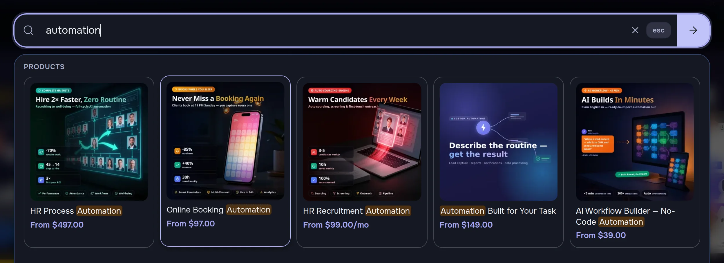 Search window in the dark theme for “automation”: five product cards with pictures and prices, the word “Automation” highlighted in the titles